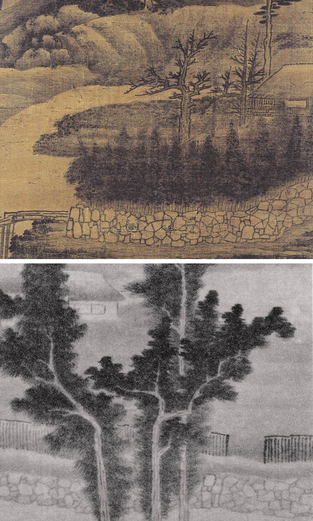 龔賢〈春山如沐圖〉（上）與〈山水圖〉（下），兩圖畫面下方的石砌圍牆風格比對。