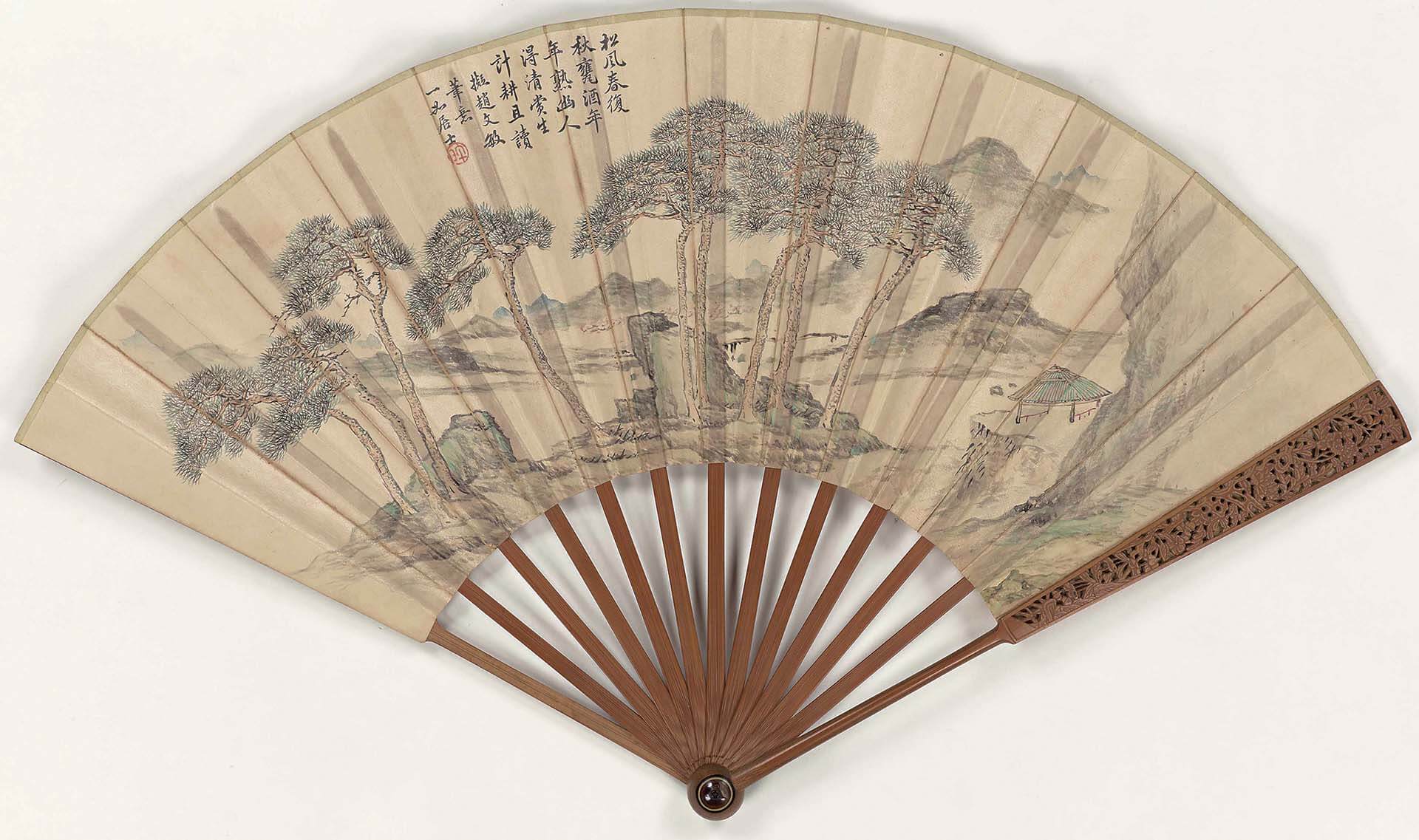圖8 清 弘旿〈九松圖扇面〉，紙本設色，上弦57.5公分，京都國立博物館藏。