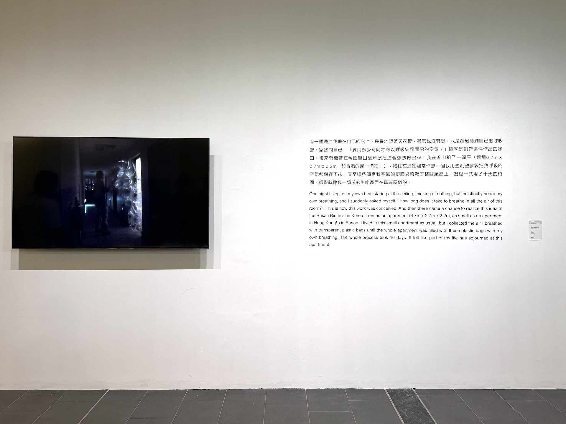 白雙全在釜山租下了一間狹小的屋子（體積為670×270×220公分，與香港的標準居住空間相似）。他在其中正常生活，同時用透明膠袋收集自己的呼吸空氣，持續十天，直到這些膠袋堆滿整個空間。這一過程既是對生命的物理性表徵，也是對個人與空間關係的探…