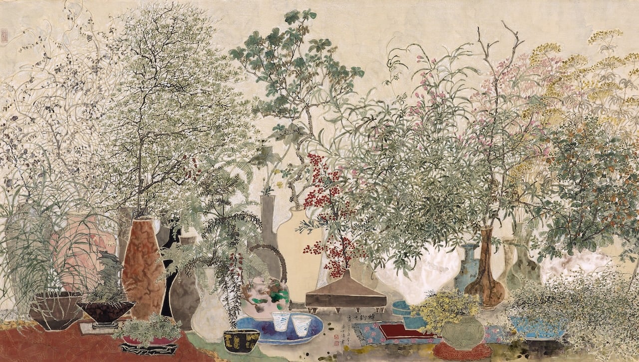 吳士偉，《綽約之香》，水墨設色紙本、礦物顏料、水干顏料、金箔， 79 × 141.5cm，2021，私人收藏。（臺北市立美術館提供）