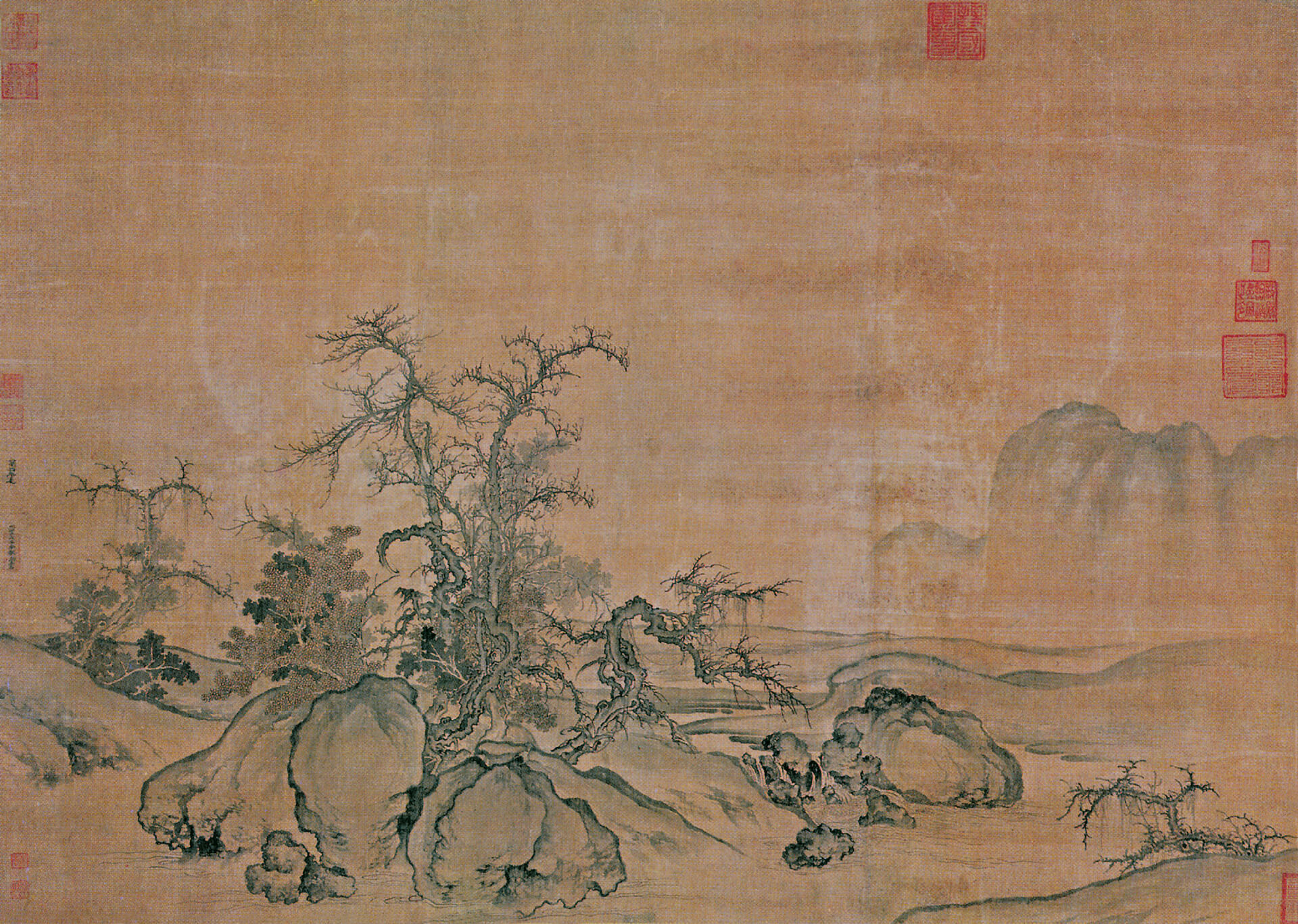 北京故宮藏郭熙〈窠石平遠圖〉大橫幅。樹石較生硬，款字與〈早春圖〉不類。