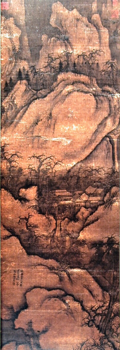 台北故宮藏（傳）郭熙〈關山春雪圖〉，當為元、明人仿作。