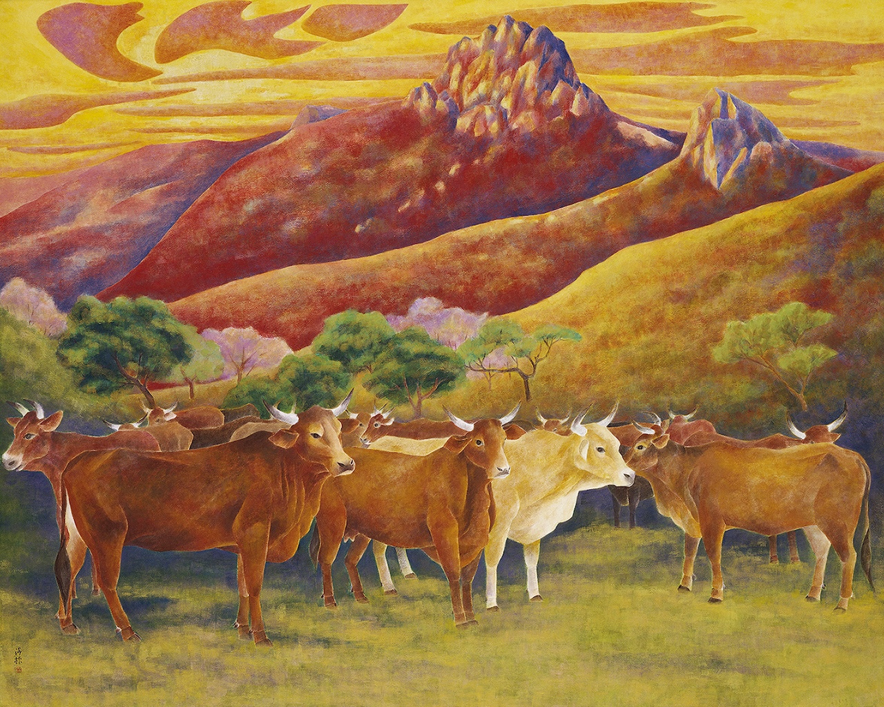 曾得標，《墾丁歸牧》，礦岩彩、金箔、紙本，130 × 161cm，1988，臺北市立美術館典藏。（臺北市立美術館提供）