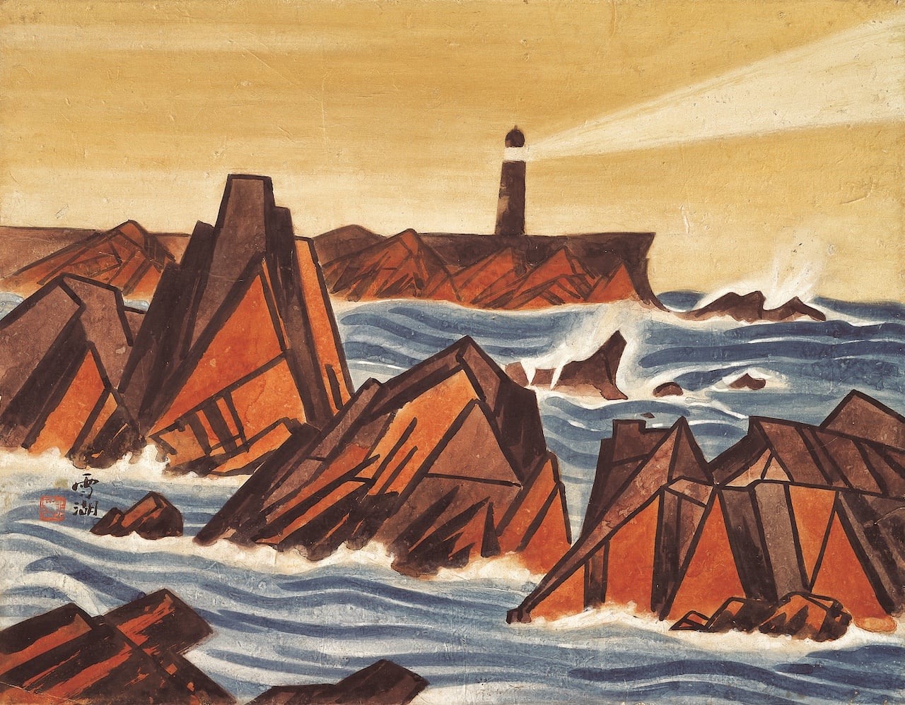 郭雪湖，《燈台濤聲（日本犬吠崎）》，膠彩、紙本，54 × 70公分，1960，藝術家家屬收藏。（臺北市立美術館提供）