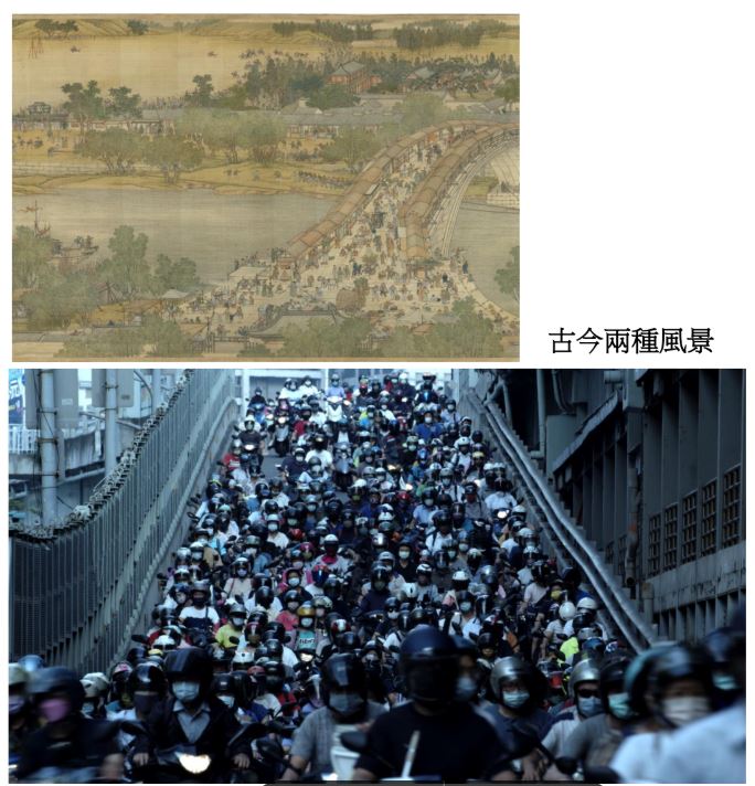 赴捷克布拉格國家博物館展出，以《清明上河圖》描繪古代繁榮景象與當代臺北橋摩托車瀑布影像，古今呼應。（國立故宮博物院提供）