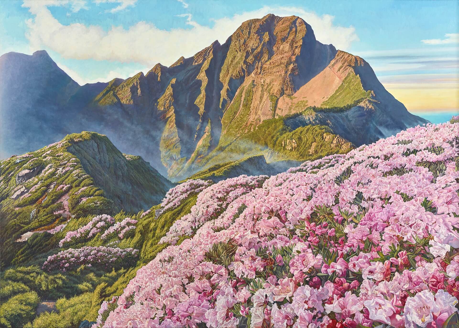 劉得浪，《玉山杜鵑映春暉》，油彩、畫布，161.5×227cm（150P），2024。（尊彩藝術中心提供）