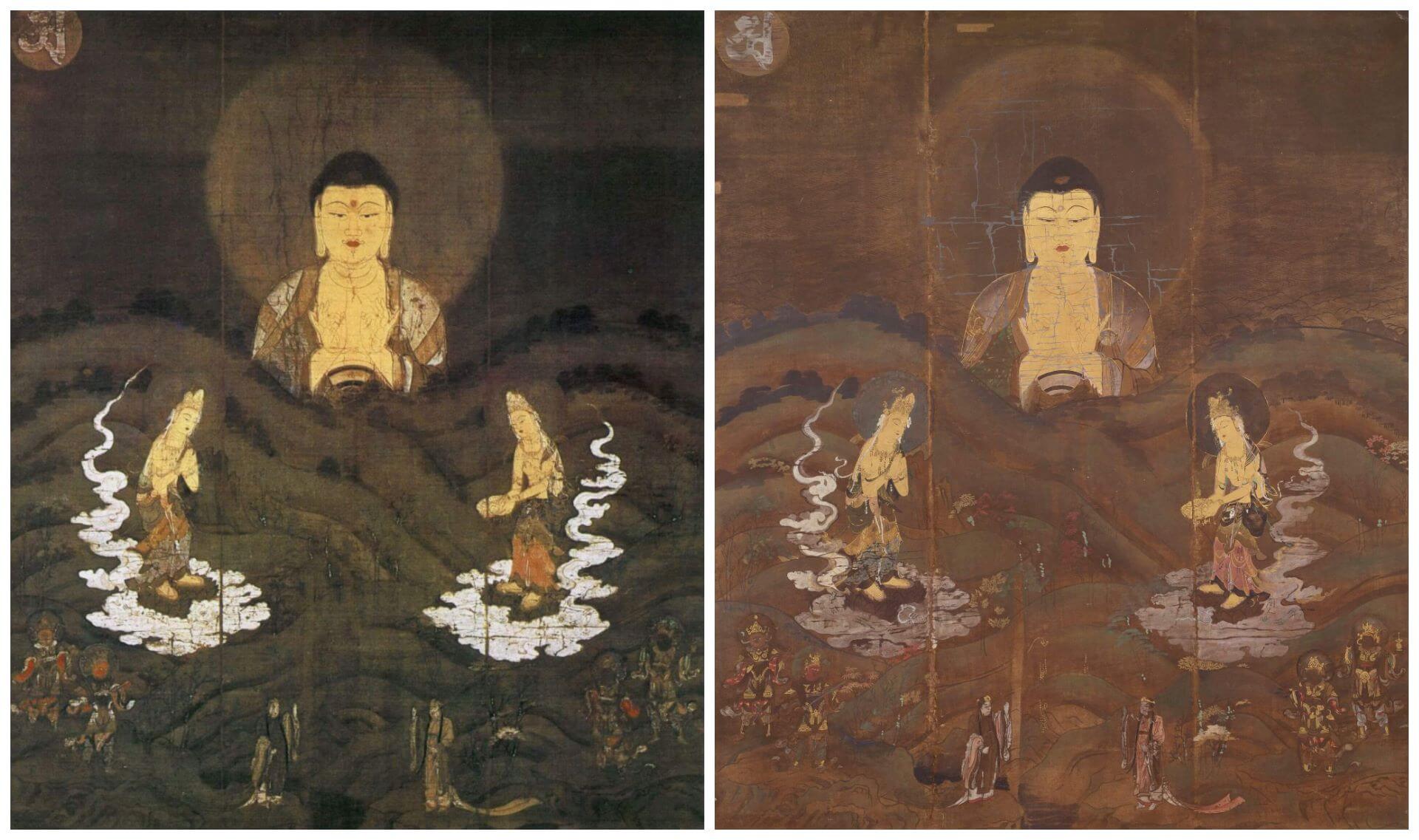 （圖2）1895年，畢業於東京美術學校的日本畫家橫山大觀，前往京都任教的同時，也參與帝室博物館（今東京國立博物館）的古畫臨摹工作。大觀在京都禪林寺臨摹《山越阿彌陀》，完成複數摹本，分別由奈良國立博物館與東京國立博物館典藏。比較摹本與原作，大…