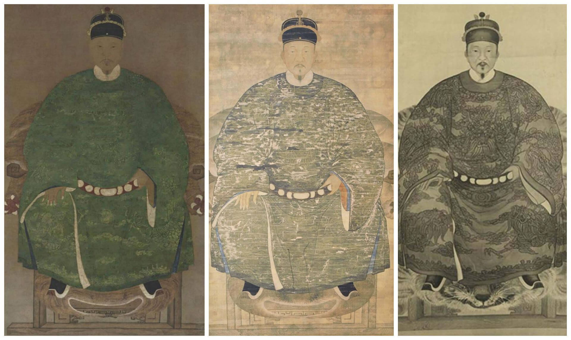 （圖3）左：《鄭成功畫像》，推測18世紀中葉以後，國立臺灣博物館；中：那須豐慶，《鄭成功畫像 第一幅摹本》，1911，臺南市博物館；右：那須豐慶，《鄭成功畫像 第二幅摹本》黑白照片（局部），原作下落不明，照片為國立臺灣博物館藏。