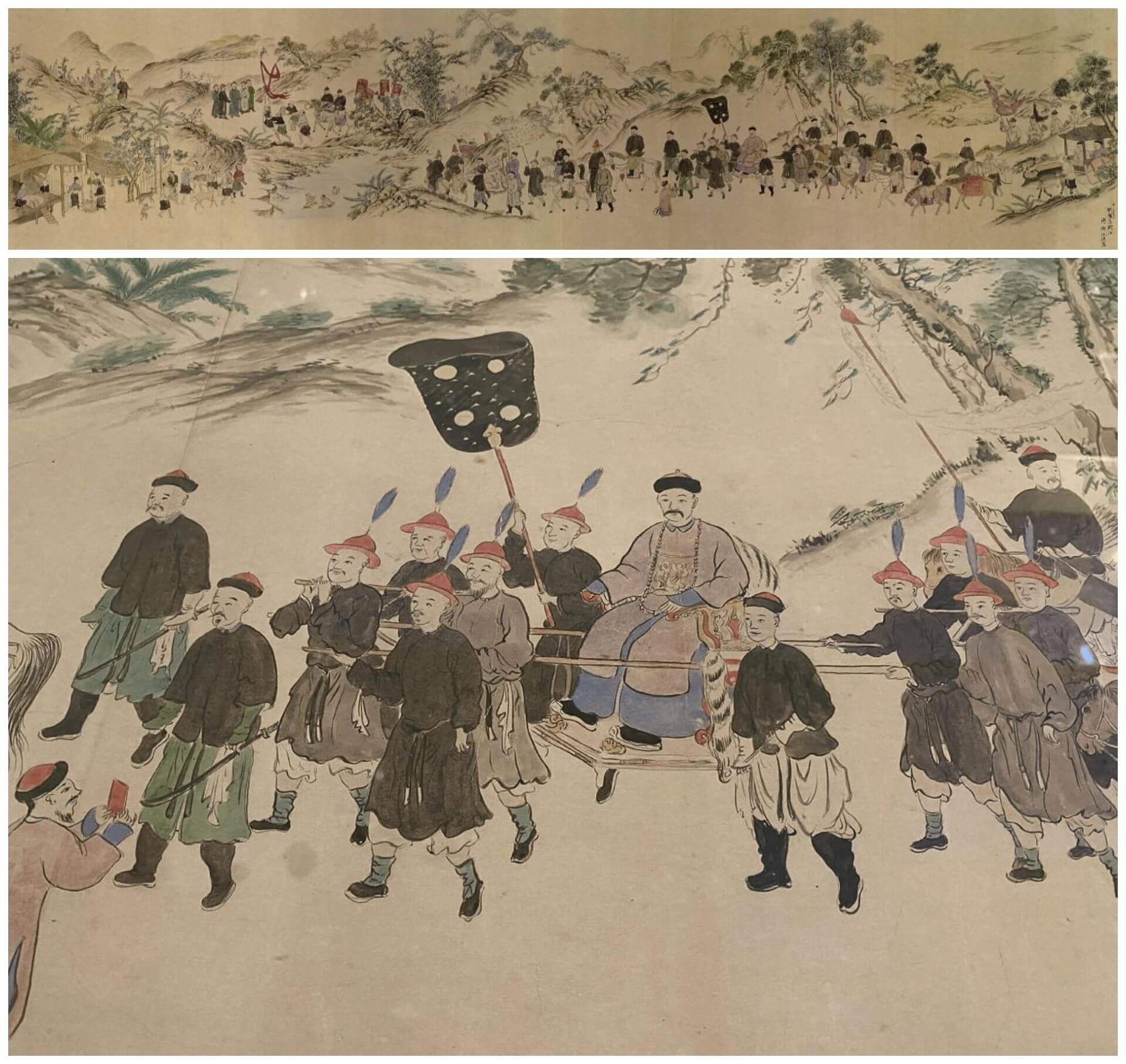 （圖5）上：片瀨弘，《林天木臺灣巡視圖摹本》及局部，1924，國立臺灣博物館藏；下：片瀨弘，《林天木臺灣巡視圖摹本》局部。（攝影／劉錡豫）