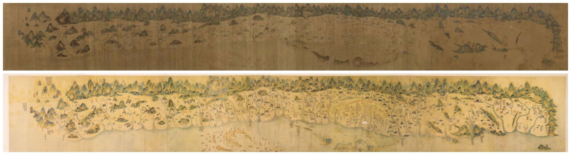 （圖7）上：《康熙臺灣輿圖》，17-18世紀，國立臺灣博物館；（圖8）下：作者不詳，《康熙臺灣輿圖第一版摹本》，日治時期（可能是1930年後），國立臺灣博物館。