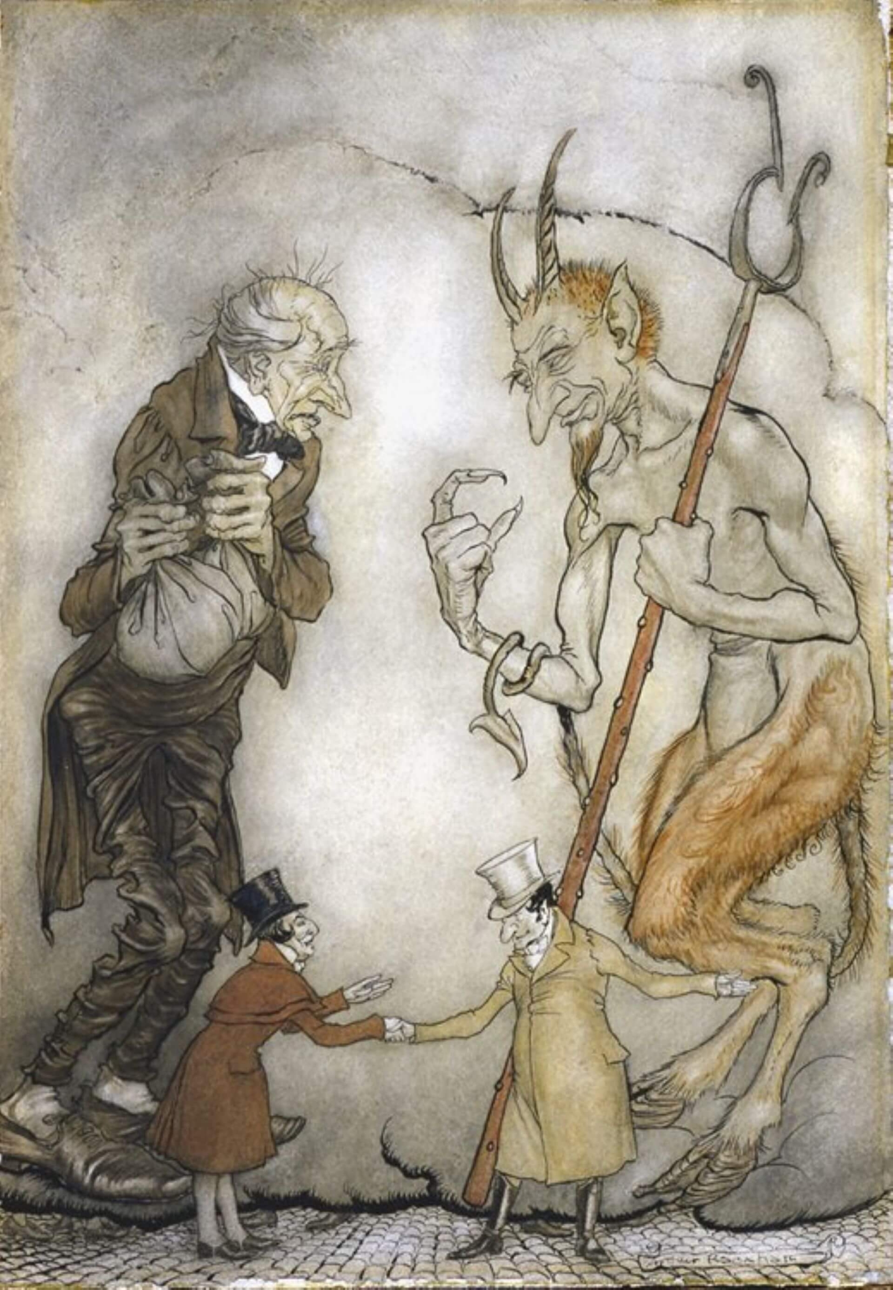 拉克罕《聖誕頌歌》插圖，1915年，拜印刷技術進步之賜，拉克罕能夠直接使用水彩作畫並印成插圖。（郭書瑄提供）