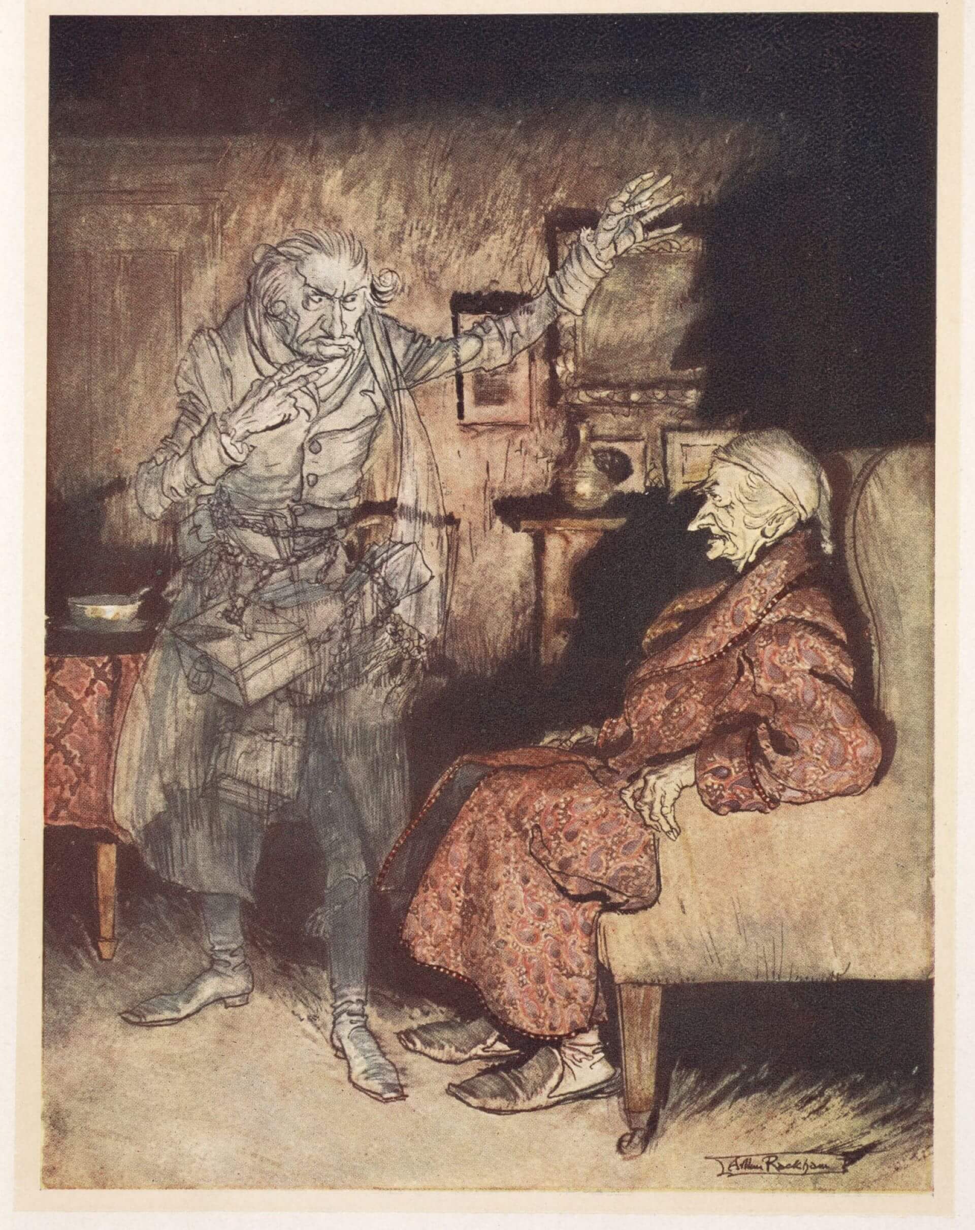拉克罕《聖誕頌歌》首幅圖版，1915年，身上綁著鎖鏈的馬利鬼魂在單色水彩的處理下，弔詭地顯得既紮實又飄渺。（郭書瑄提供）