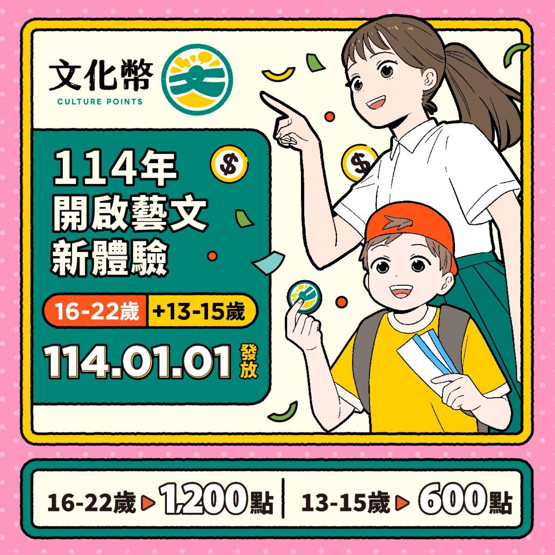 16至22歲，可領取1200點文化幣；這次加碼的13至15歲，可領取600點文化幣，只要是具中華民國國籍或符合相關規定的外國人士皆可領取。（文化部提供）