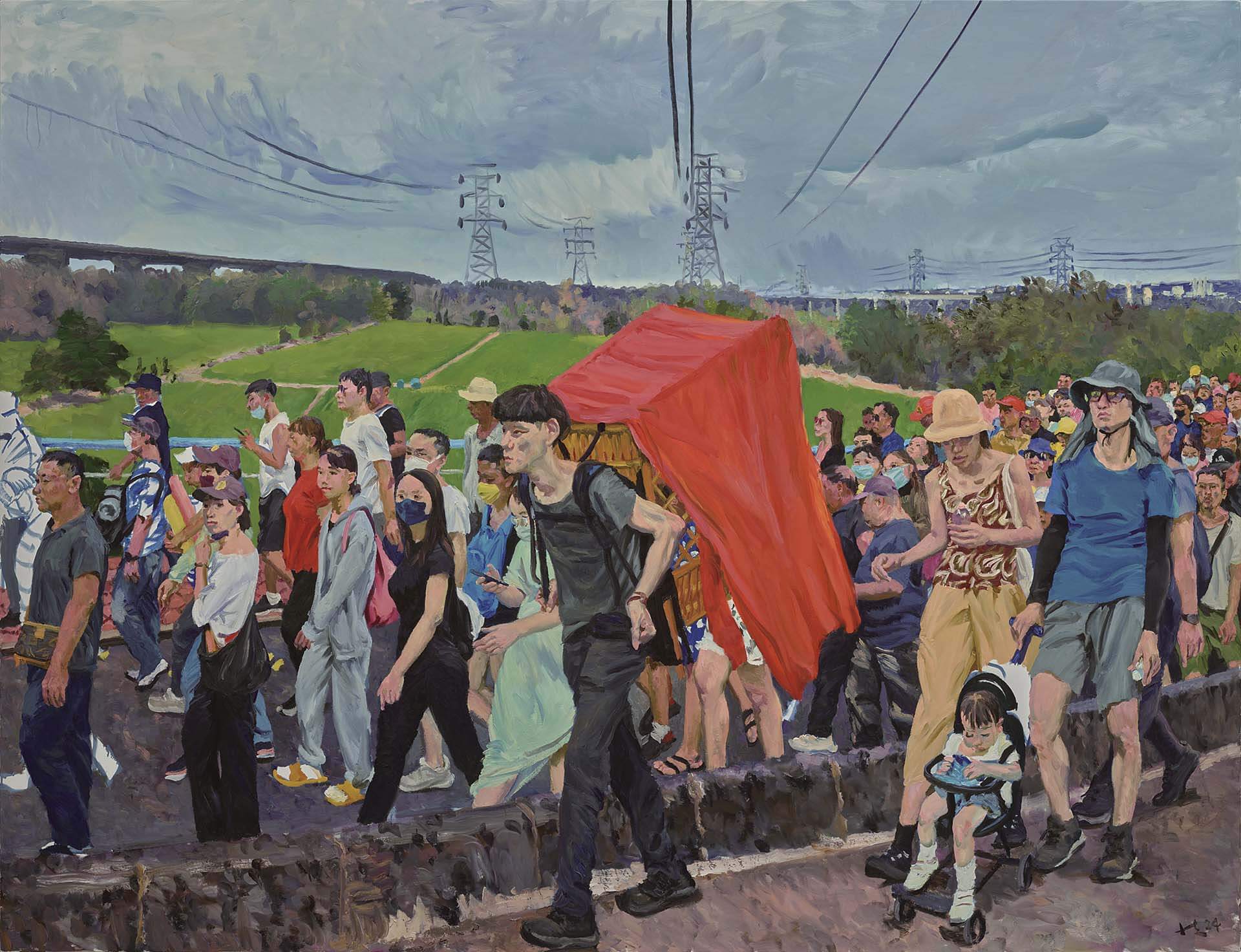 劉小東,《過橋》,油彩、亞麻布,230×300cm,2024。(誠品畫廊提供)