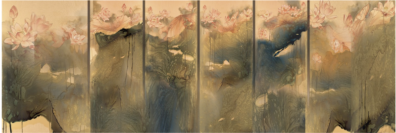鄭月妹，《亭亭玉立》（六聯屏原畫），水墨、複合媒材、日本金箋紙 ，82.5cmx154cmx6，2024。（波翼藝術提供）