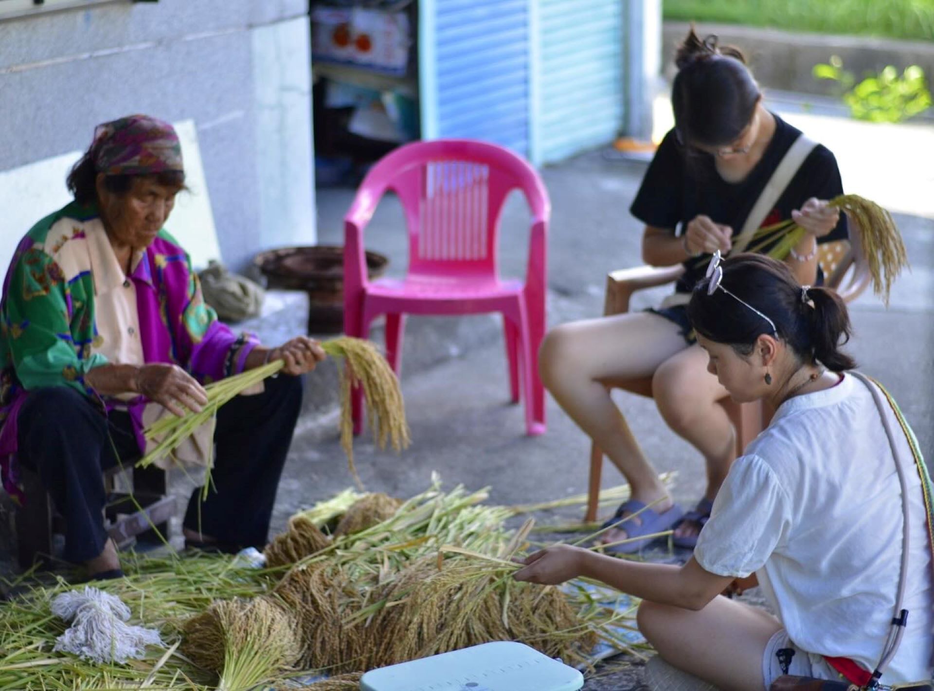 進駐長濱烤茶地的羅聿綺以食物作為做為媒材，將注意力轉向「稻穀」，從割稻的體驗出發，對於農忙勞動的身體、大家一起完成的精神，以及農忙後的共作共食，感到興趣。（「交會地方，藝駐共創」計畫提供）