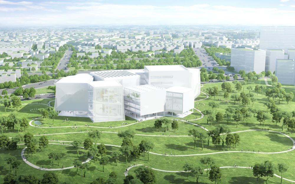 作為臺中市立美術館與市立圖書館共構的複合文化場域，臺中綠美圖將於2025年12月中下旬正式開館，圖為綠美圖空拍示意圖 。（圖／臺中綠美圖）