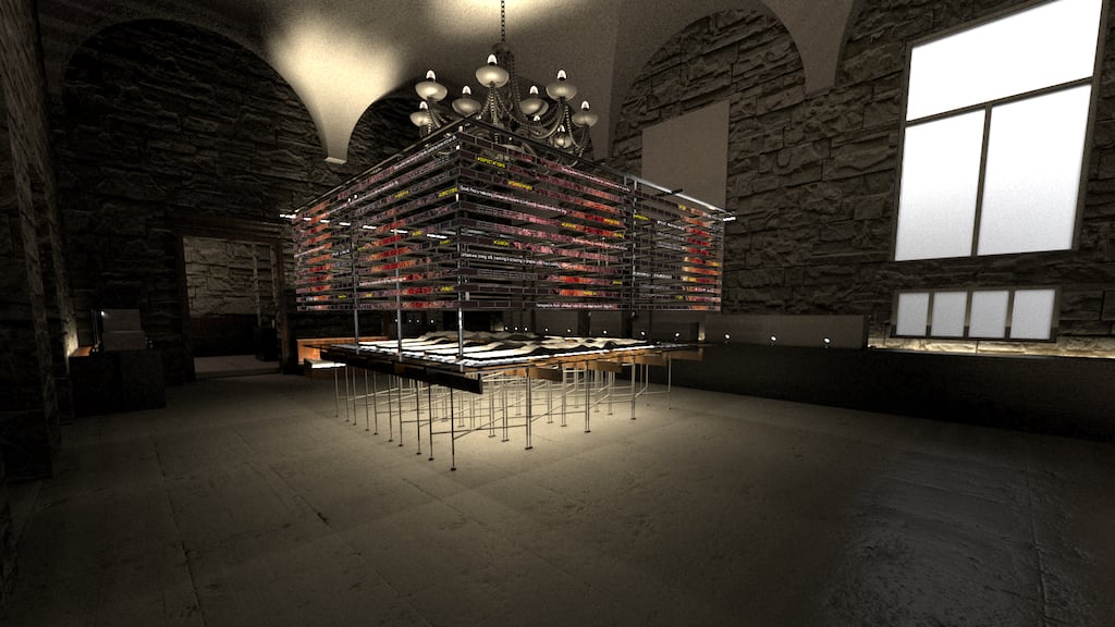 展場中心作品「科技島」展場模擬圖。（國立臺灣美術館提供）