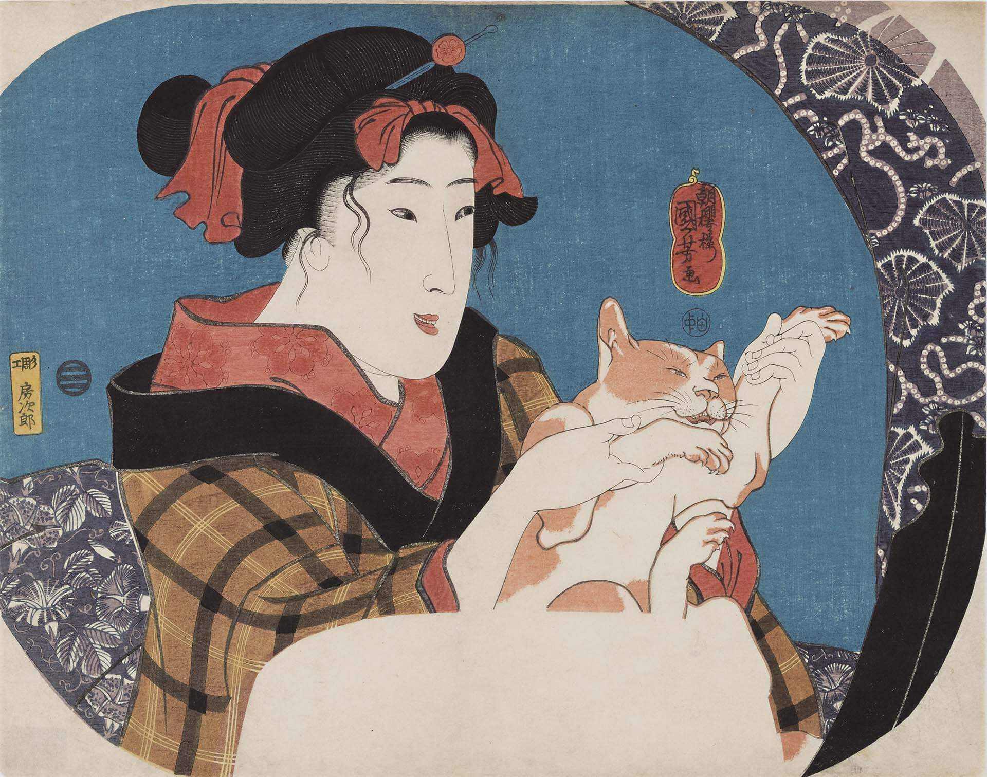 圖7 江戶時代 歌川國芳約1845年作〈鏡面系列 貓遊女孩〉，私人收藏。