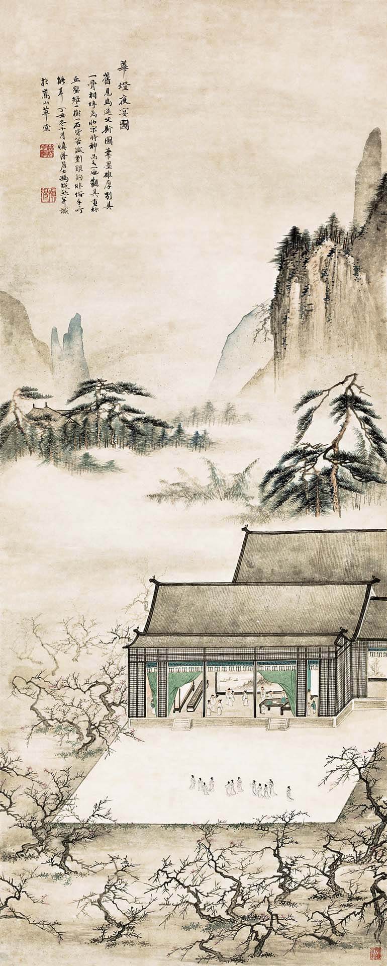 馮超然1937年作〈華燈夜宴圖〉，紙本設色，115×46公分。