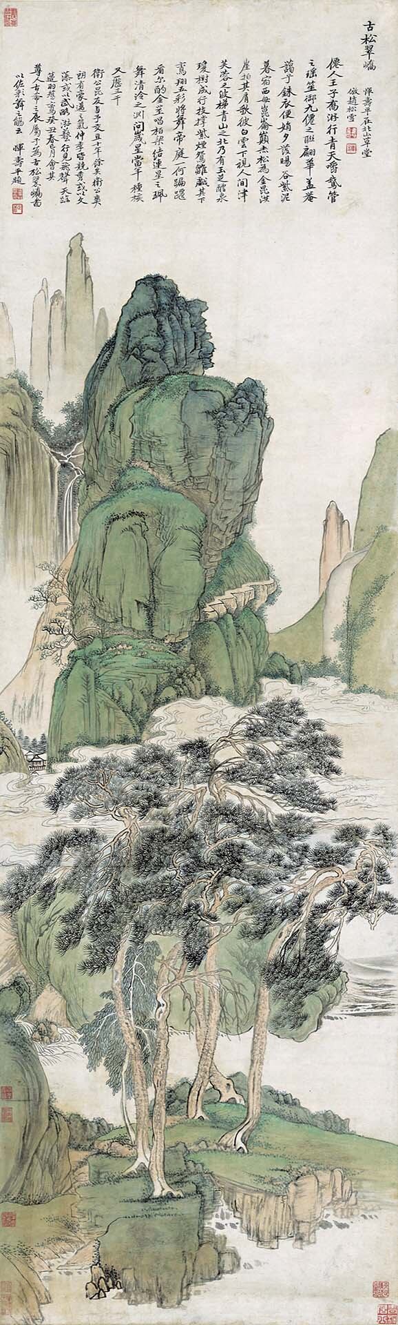 惲壽平〈古松翠嶠圖〉，紙本水墨，115×51公分，1673年作。