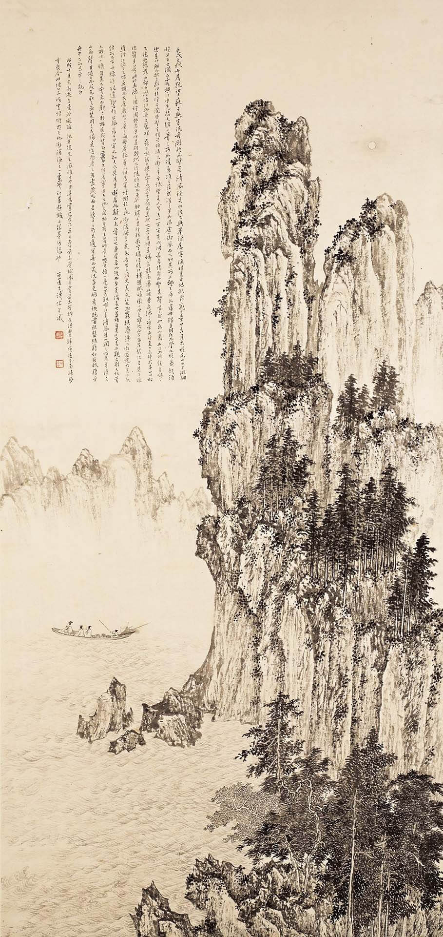 溥心畬〈前赤壁賦圖〉，紙本設色，120.8×56.5公分，1958年作。