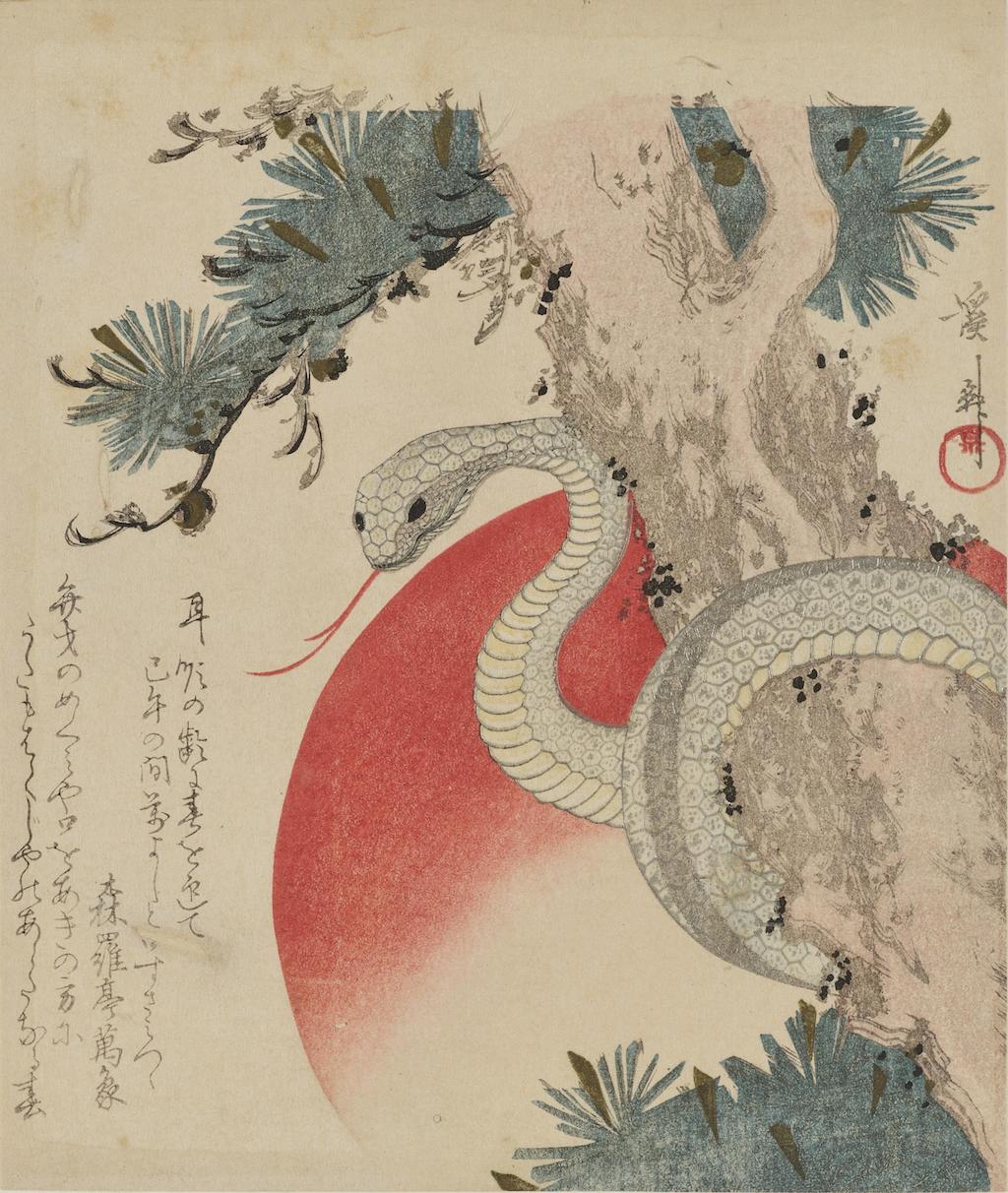 日本繪師溪齋英泉（1790-1848），19世紀曾描繪一條象徵弁天神使者的吉祥白蛇纏繞在松樹上，是一幅極具元旦意象的摺物，現藏東京國立博物館。（©colbase）