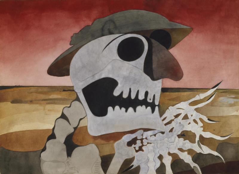 愛德華．布拉於第二次世界大戰期間所作的《風景中的頭骨》（Skull in a Landscape，1946），描繪一具戴著英國鋼盔的骷髏於紅色天空襯托下的平淡風景中。（Public Domain）