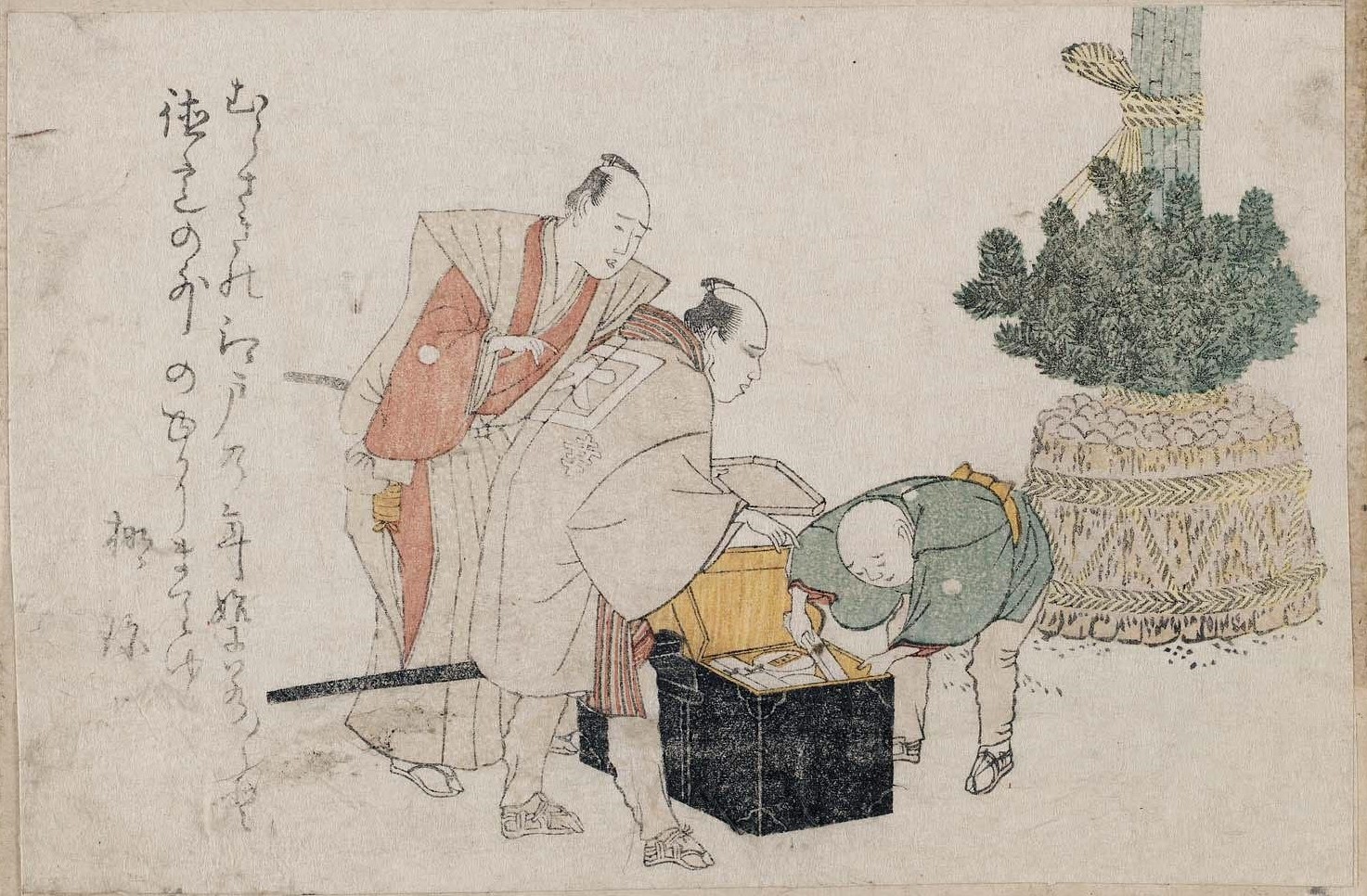江戶時代浮世繪，畫面為人們正在為新年拜訪做準備，波士頓美術館藏。（Public Domain）