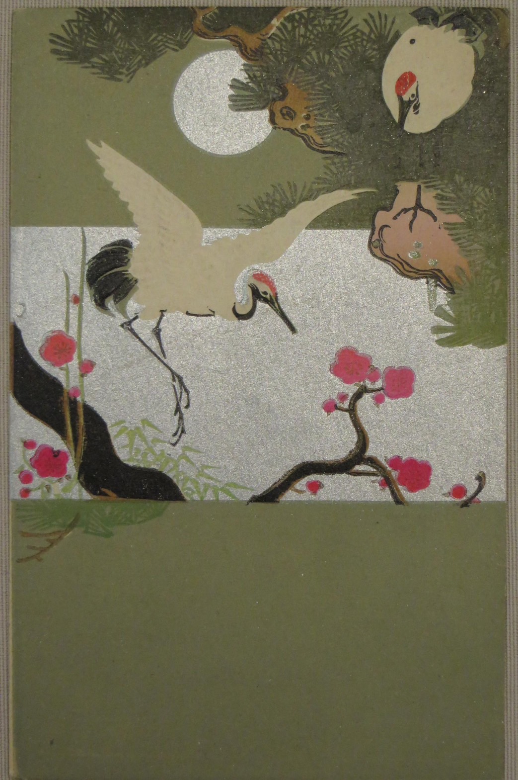 明治1910年代，歲寒三友與雙鶴明信片，大英博物館藏。（© The Trustees of the British Museum）。