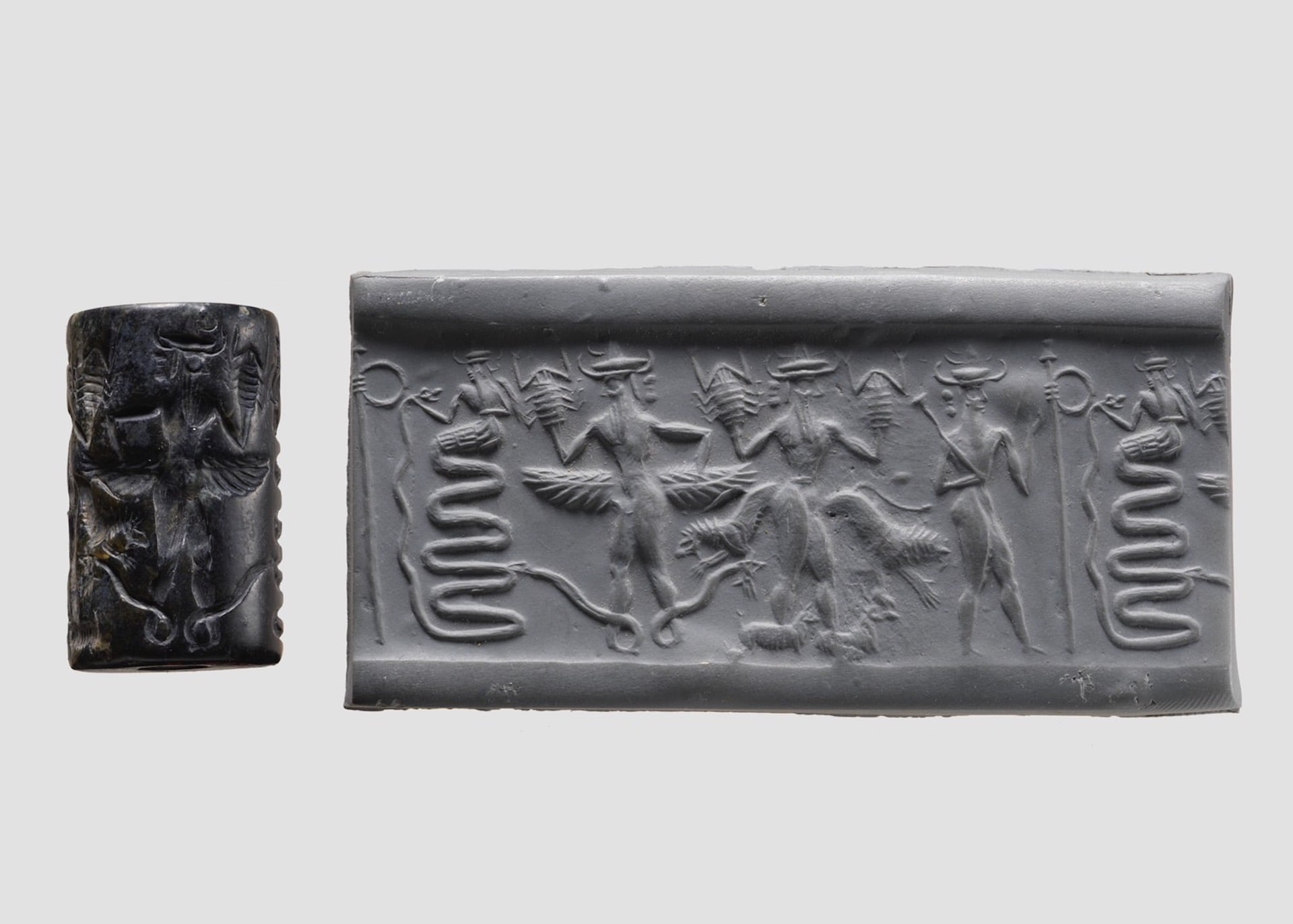 美索不達米雅，阿卡德帝國公元前2350年–2150，《Cylinder seal and modern impression: snake god and deities with hands and feet in the form of…
