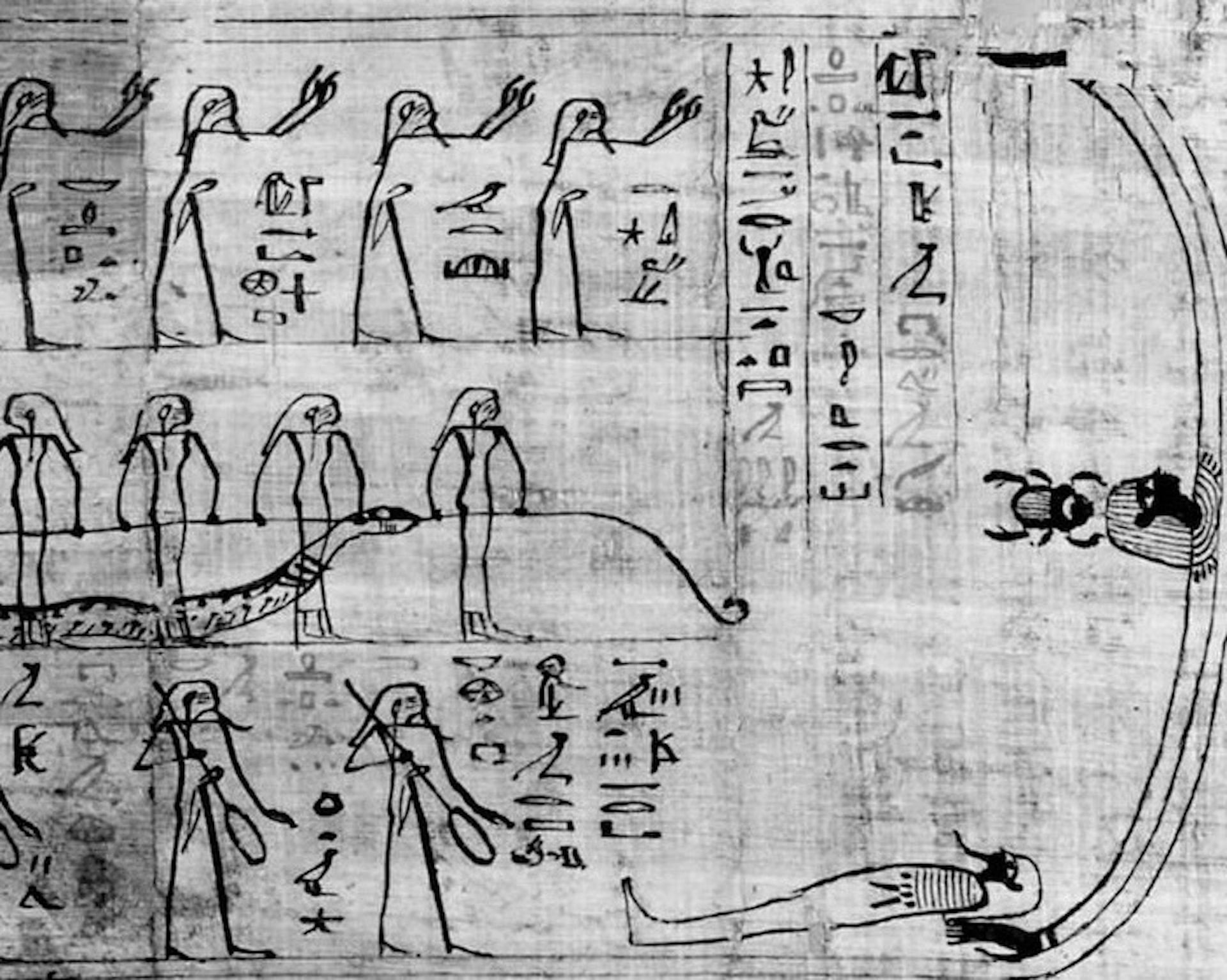 乘載著太陽神的船，從一條名叫「神聖生命」的巨蟒尾巴進入，在眾人合力下船從大蛇的口中拉出，於是太陽從地平線升起，恢復新生。埃及，《來世之書》（Amduat）局部，莎草紙，大英博物館藏。（© British Museum）
