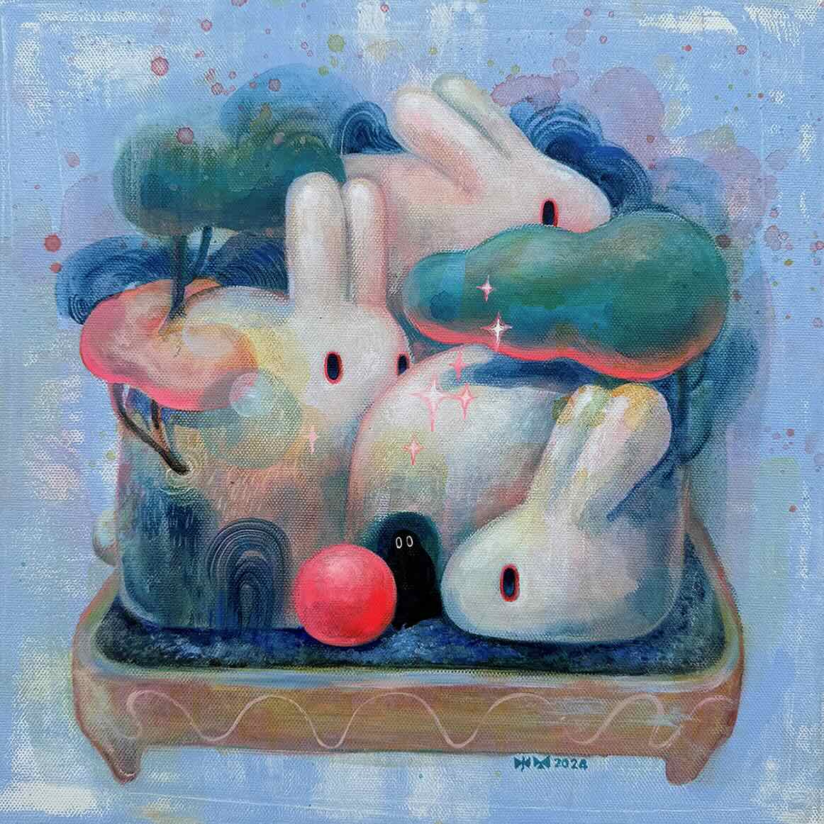 收藏家宋文的Best Buy 3,000 USD：謝宜庭《兔子盆栽4號》（Bunny Bonsai No.4）， 30 x 30 cm 壓克力彩、畫布 Acrylic on Canvas，2024。ONE ART Taipei提供