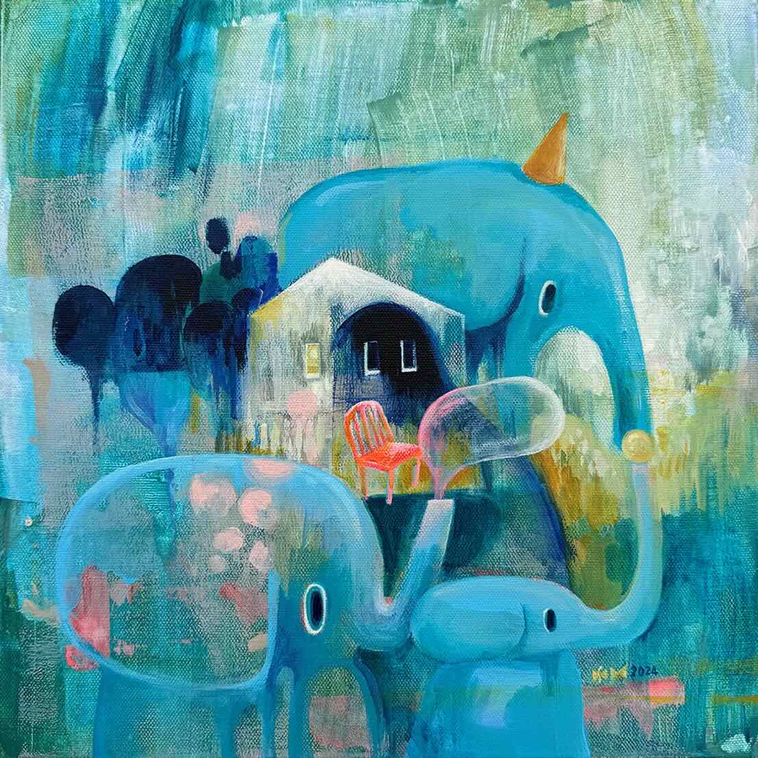 收藏家宋文的Best Buy 3,000 USD：謝宜庭《大象之屋》（Bunny Bonsai No.4）， 30 x 30 cm 壓克力彩、畫布，2024。ONE ART Taipei提供