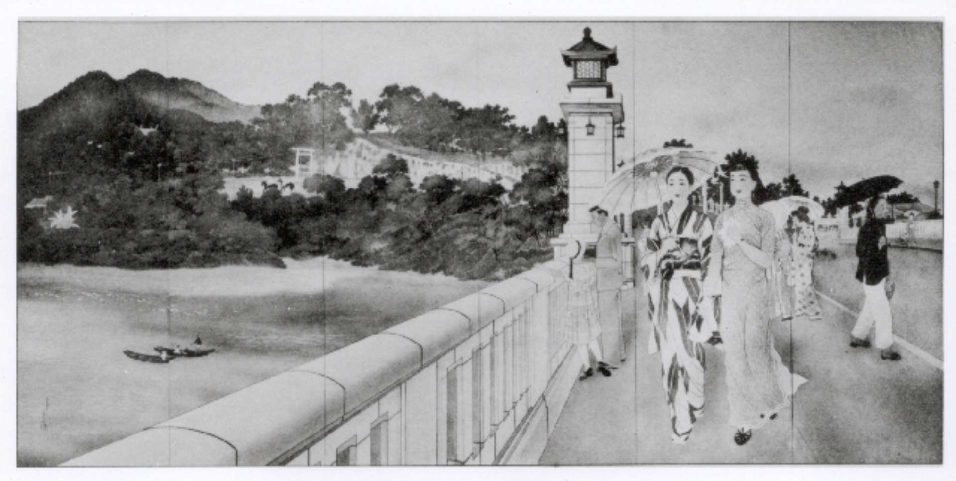 日本畫家野村誠月1935年出品第九回臺展的《新晴》，畫中描繪第二代明治橋與臺灣神社。（圖片來源：臺展資料庫）