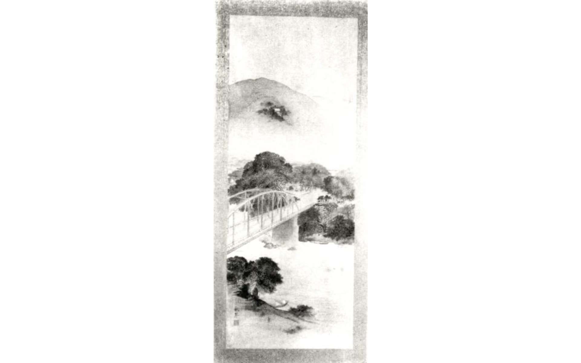 來臺日本畫家萩谷秋琴出品第一回臺展的《圓山》，比郭雪湖《圓山附近》還早以明治橋為題材作畫，且描繪出山坡上的臺灣神社。（圖片來源：臺展資料庫）