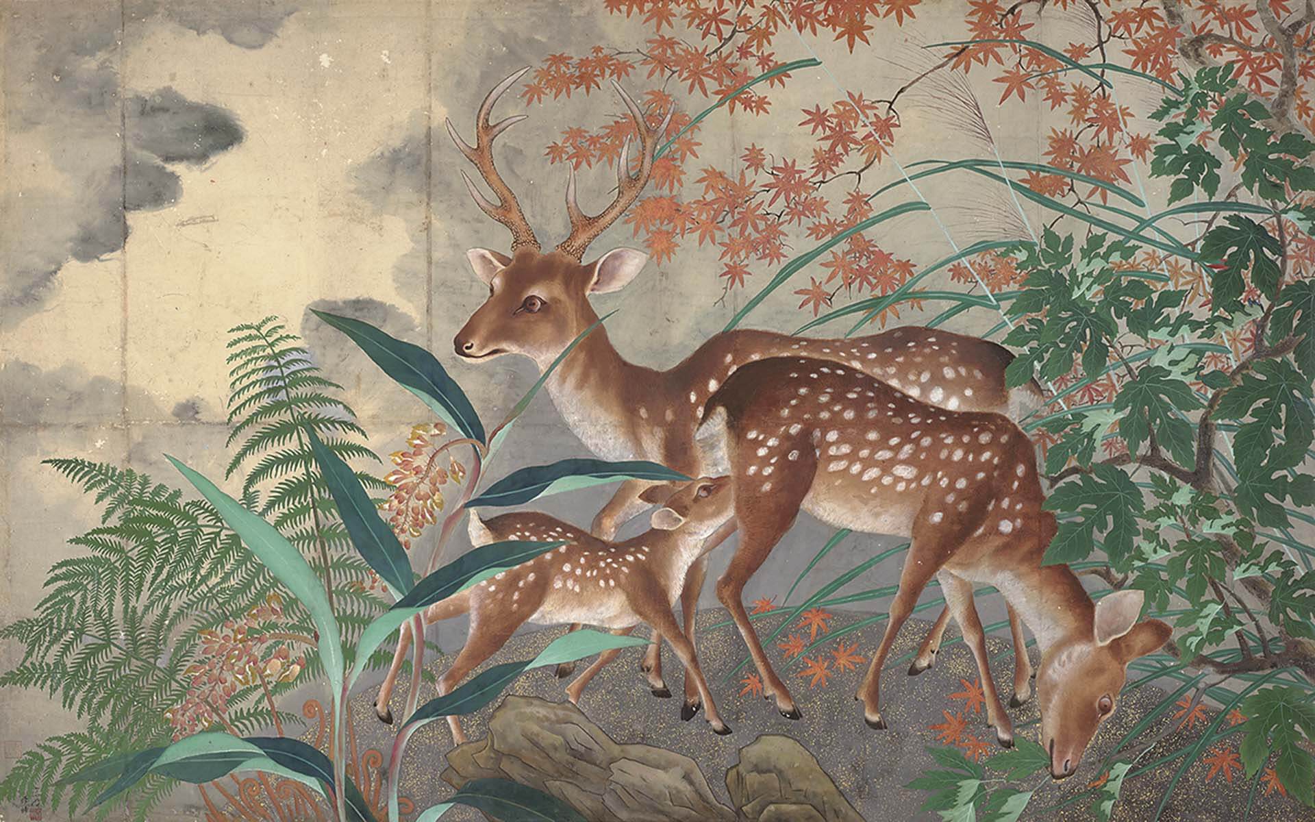 呂鐵州，《鹿圖》，膠彩紙本，145×231cm，1933，國立臺灣美術館藏。（國立臺灣美術館提供）