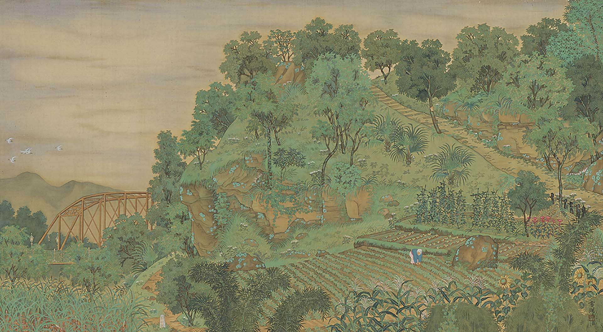 郭雪湖，《圓山附近》，膠彩絹本，94.5×188cm，1928，臺北市立美術館藏。（臺北市立美術館提供）