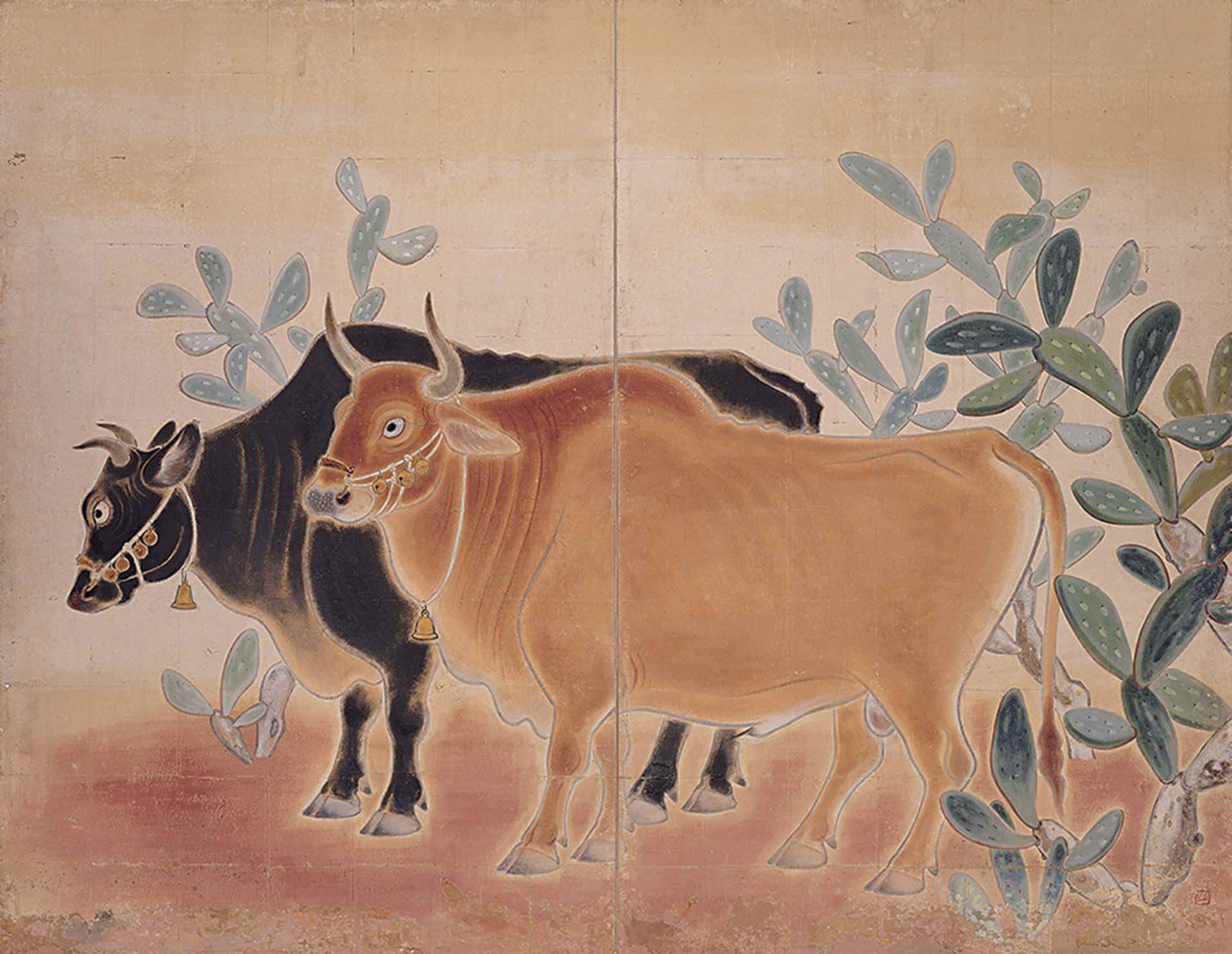 林玉山，《雙牛圖》，膠彩紙本，174×134.7cm，1941，臺北市立美術館藏。（臺北市立美術館提供）