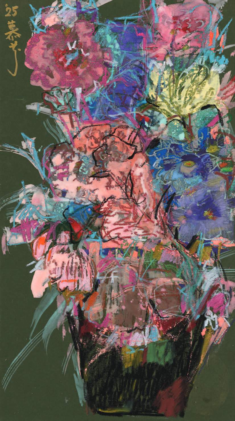 《飛梅天滿宮》，墨、彩、宣紙，47.5 × 26 cm，2025。（藝術家提供）