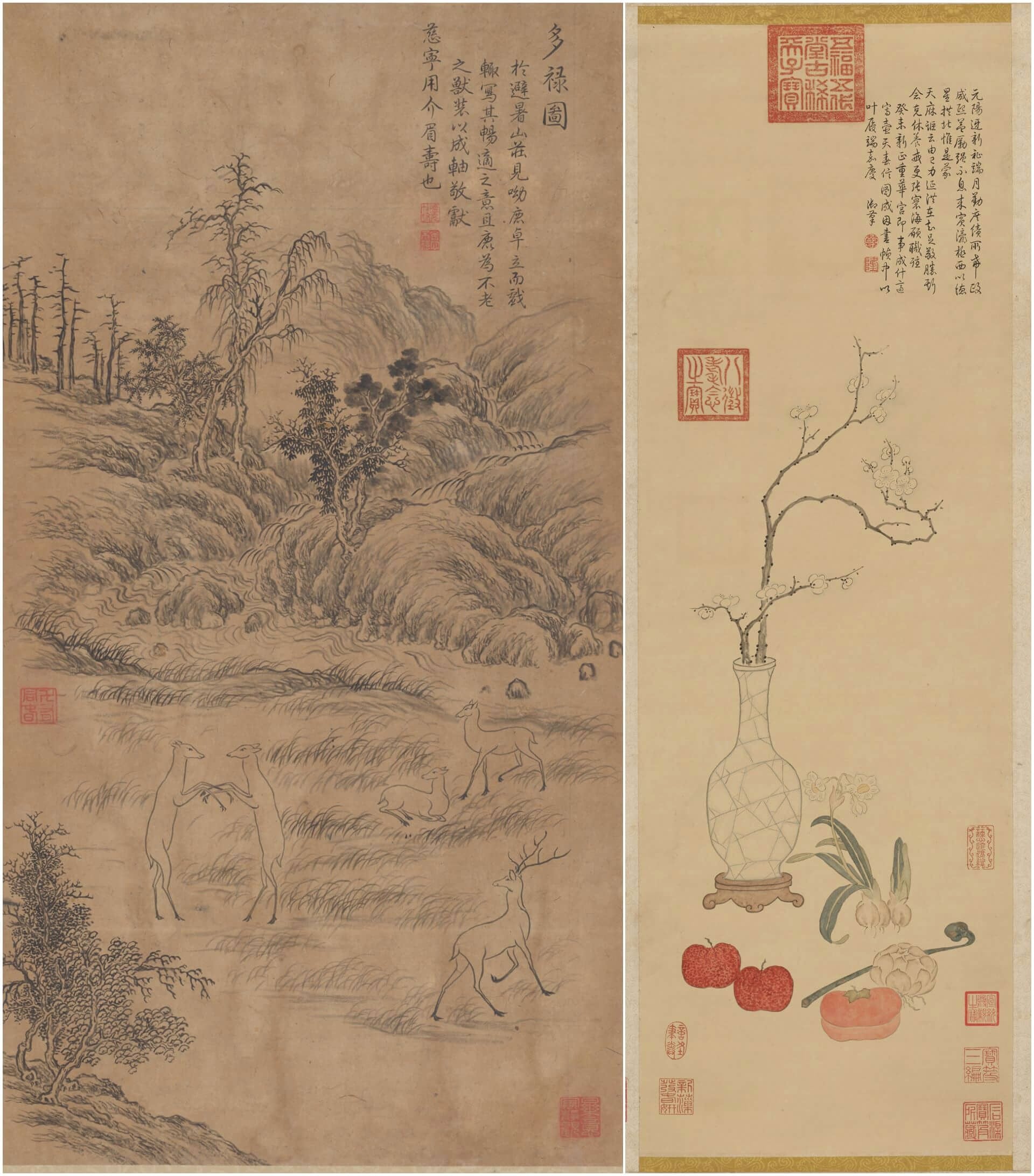 乾隆皇帝的畫作。（左）弘曆《多祿圖軸》，紙本水墨，1772，54×29公分，北京故宮博物院藏；（右）弘曆《歲朝圖並新正重華宮詩軸》， 1763，98×32公分，北京故宮博物院藏。（圖片出自：澳門藝術博物館FB粉絲專頁，©故宮博物院）
