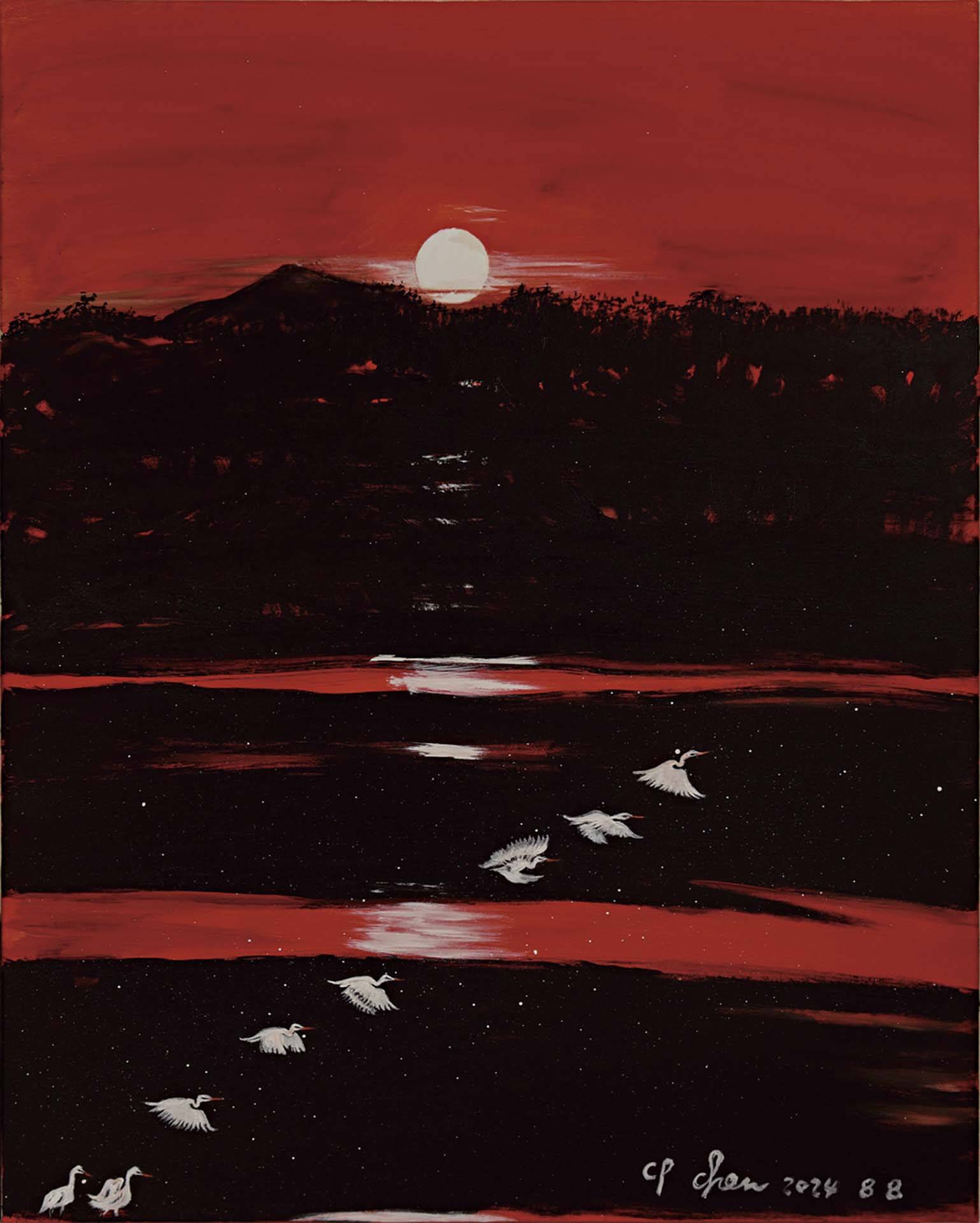 陳持平，《莫道桑榆晚，為霞尚滿天。（唐．劉禹錫）》，壓克力、畫布，91×72.7 cm（30F），2024。（陳持平提供）