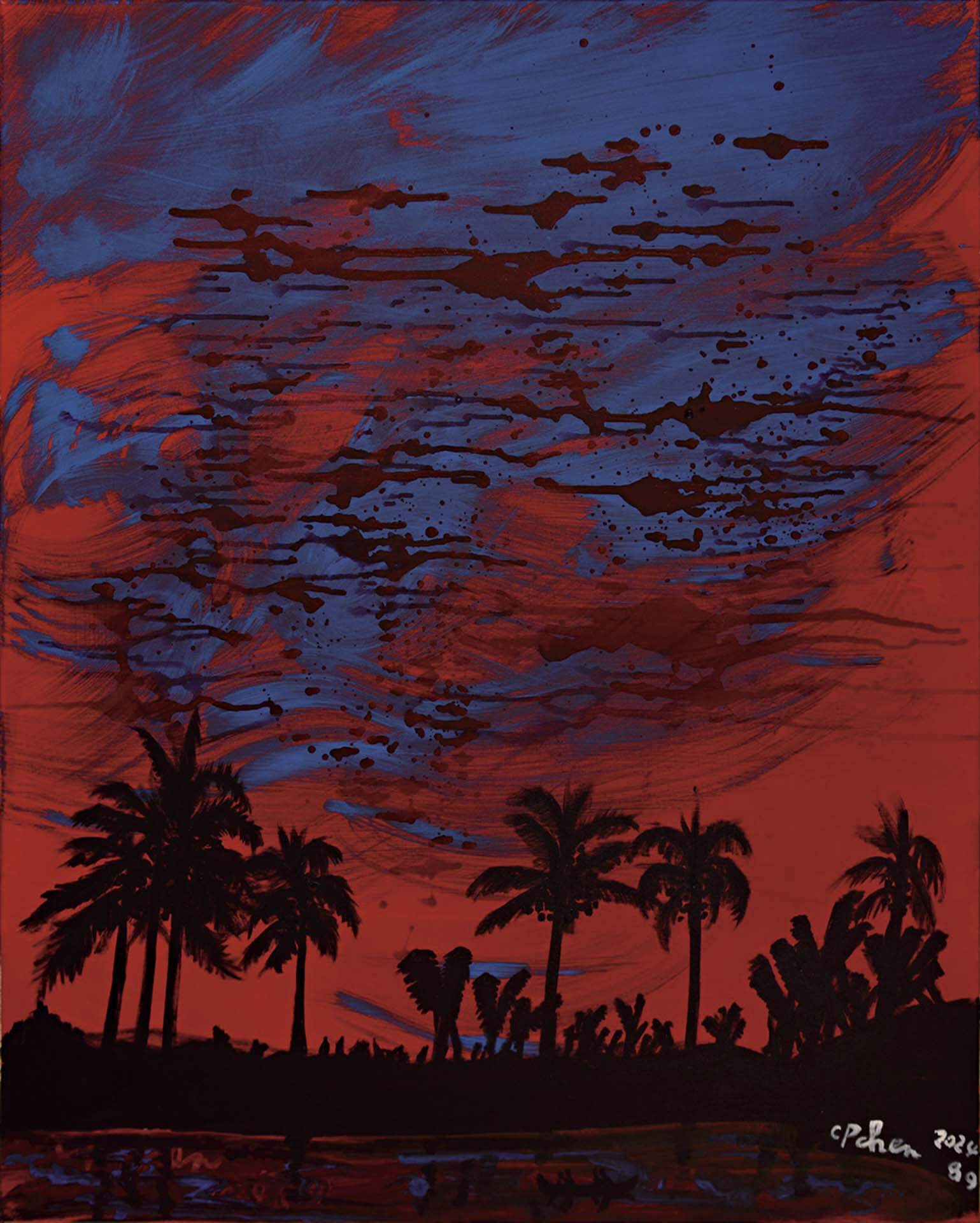 陳持平，《莫道桑榆晚，為霞尚滿天。（唐．劉禹錫）》，壓克力、畫布，91×72.7 cm（30F），2024。（陳持平提供）