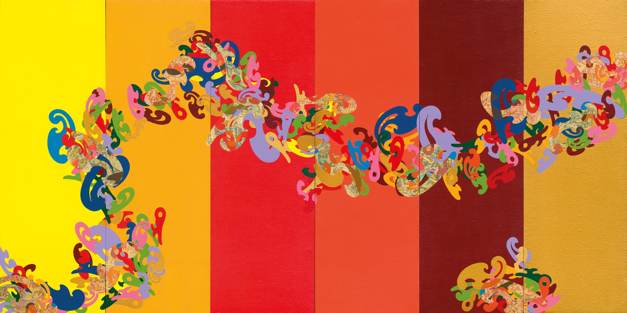 「廖修平90大展」展覽作品。廖修平，《吉祥》，壓克力、金箔、畫布，40x120cm×6（畫心），2024。（國立臺灣美術館提供）