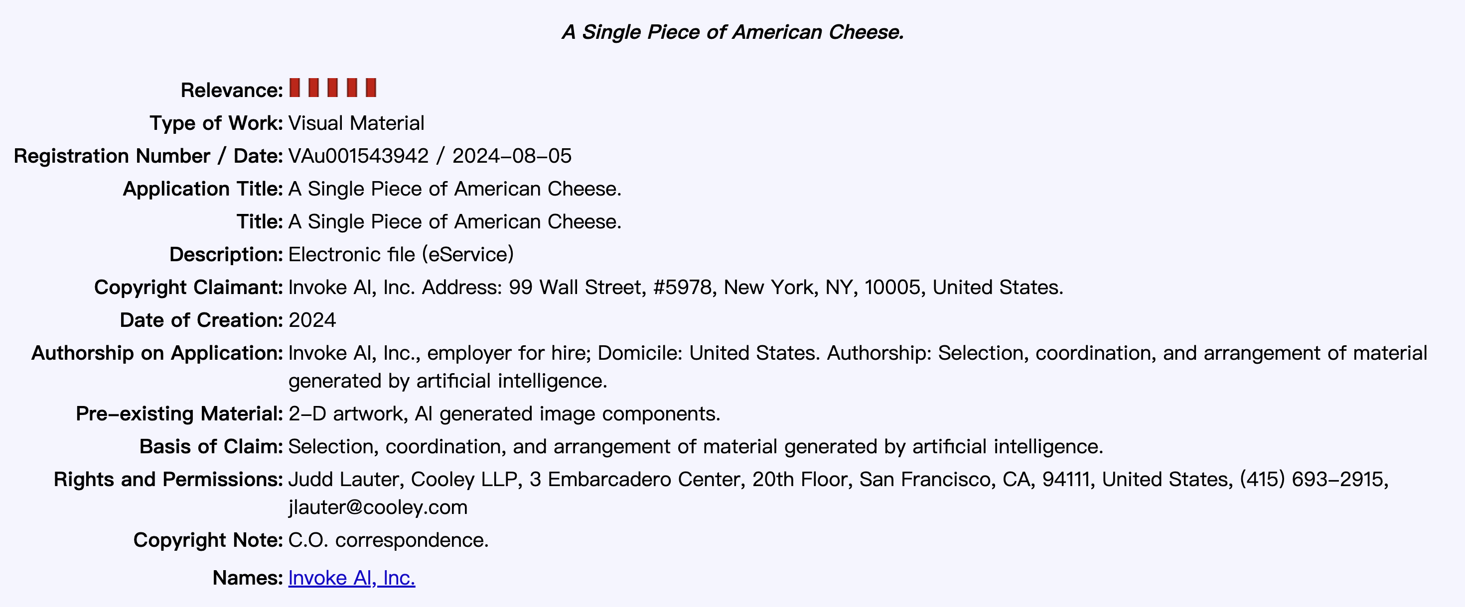 圖為《一片美國起司》（A Single Piece of American Cheese）於美國著作權局的著作權登記公開資訊。其中，著作權主張依據（Basis of Claim）寫道：由AI生成素材的選擇、統整與編排（Selection,…