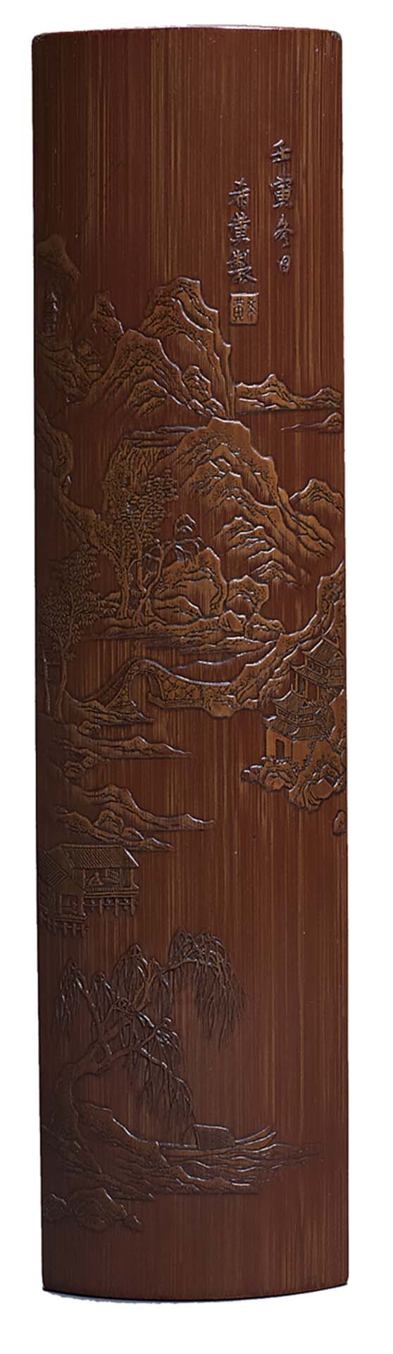清康熙《張希黃款竹雕留青野渡橫舟圖臂擱》。圖／清翫雅集