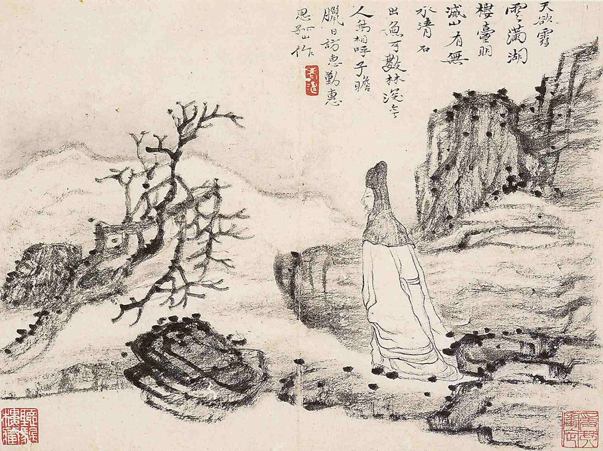 石濤1677年《東坡詩意圖》，水墨紙本冊頁，每開22.2×29.9公分。圖／清翫雅集