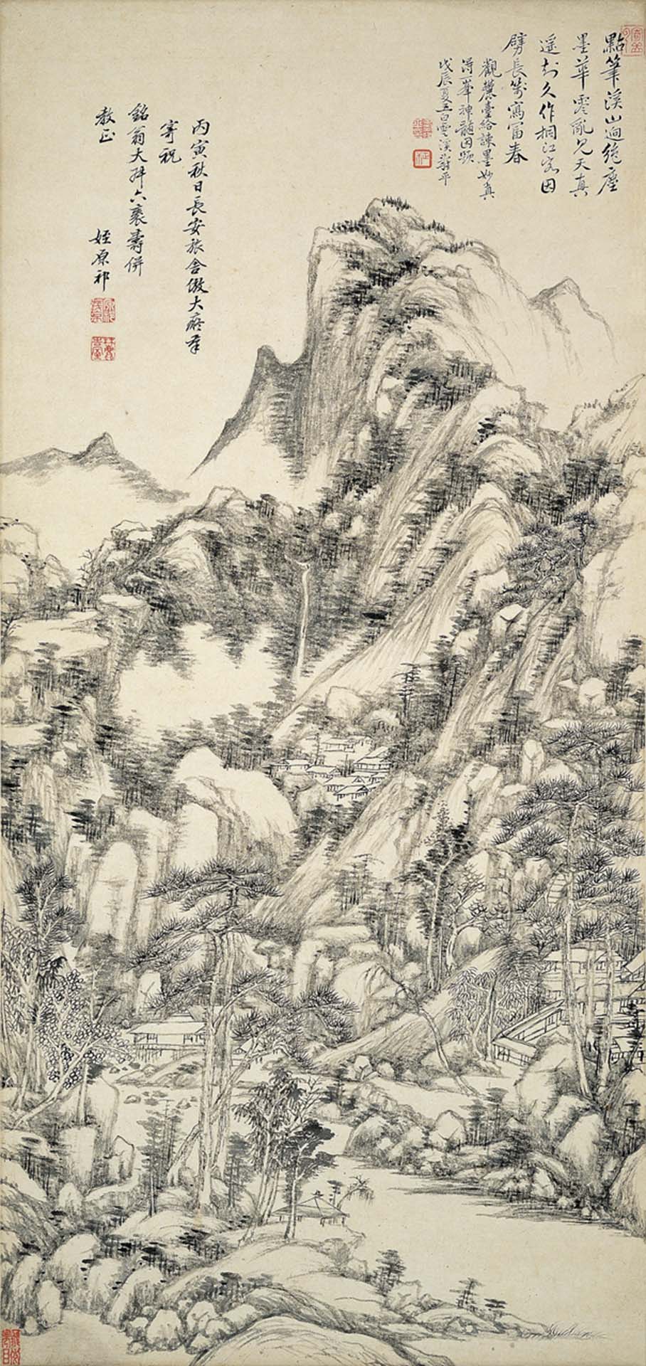 王原祁1686年《仿黃公望山水》，水墨紙本立軸，98.4×46.4公分。圖／清翫雅集