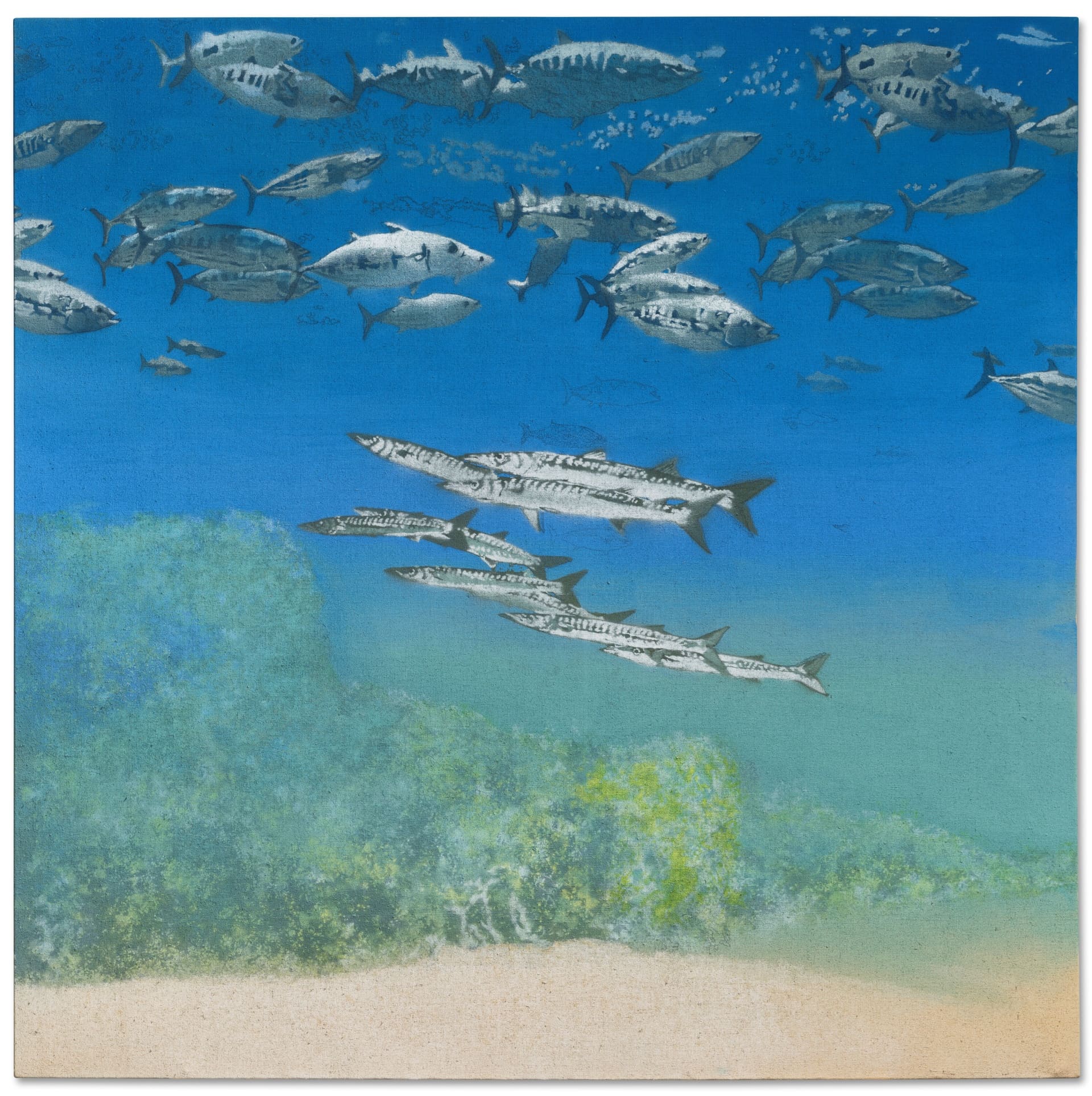 麥克.安德魯斯的《School IV: Barracuda under Skipjack Tuna》以低預估價兩倍的606萬英鎊成交,同時也刷新個人拍賣紀錄。(佳士得提供)