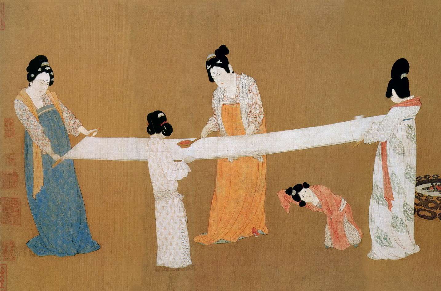1860年英法聯軍後，傳宋徽宗摹張萱《擣練圖》自清宮流出，被正在美國波士頓美術館任職的岡倉天心購得，成為該館重要典藏（Public domain）